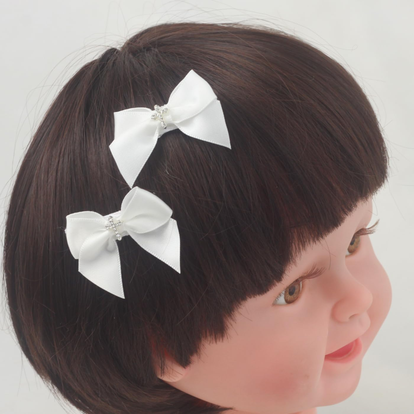 Baptism off White Satin 1.7 Inches Mini Bows with Delicate Cross Small 1.4 Inches Alligator Clip