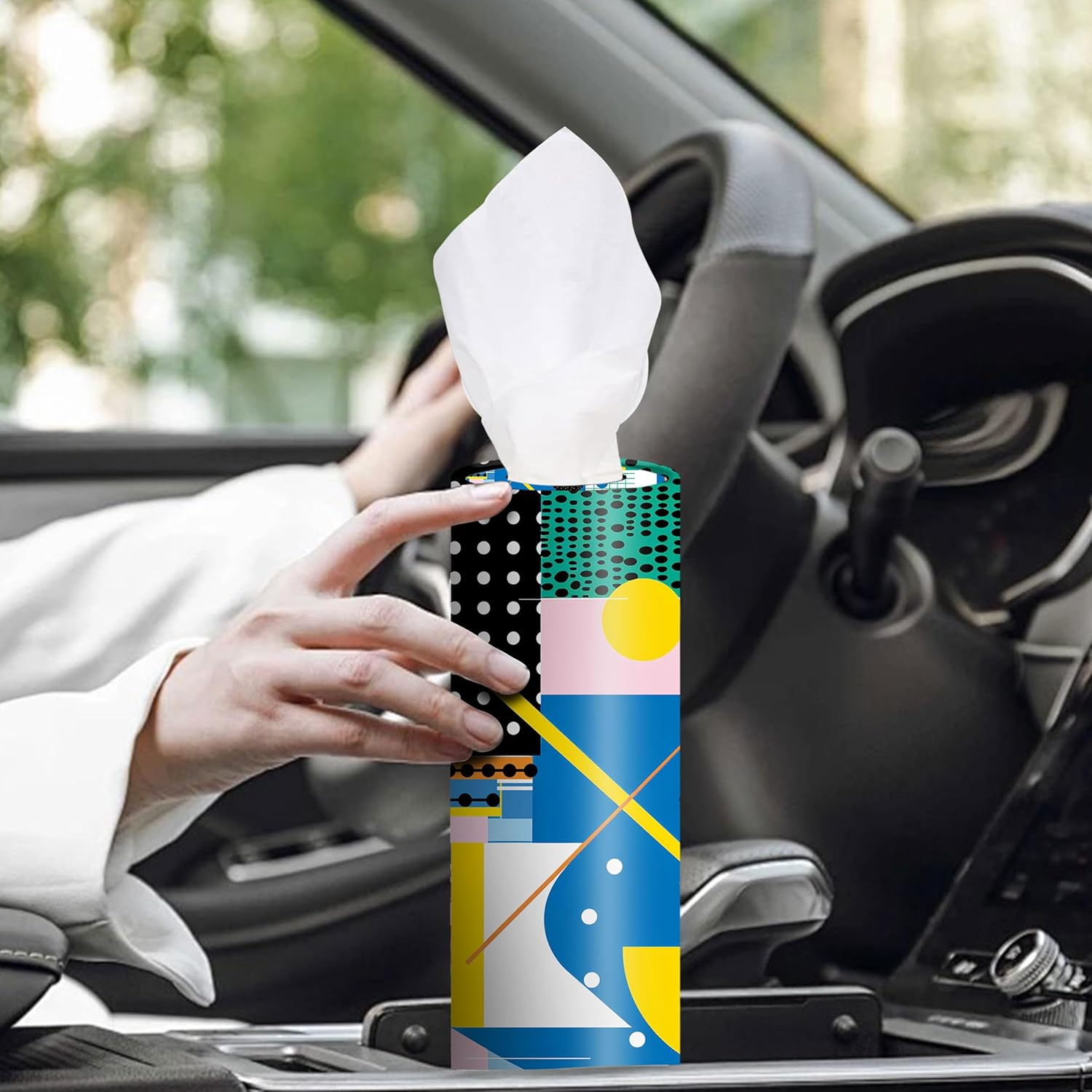 4-Pack Car Tissue Cylinders - 1980S Geometric Pattern, Fits Car Cup Holders, Travel Tissue Tubes with Facial Tissues (Geometric Design) - Style E image number 4