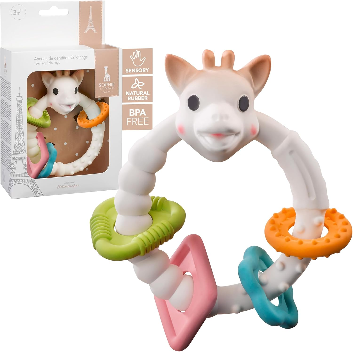 Sophie La Girafe - Colo'Rings So'Pure Teething Ring - 100% Natural Rubber - Textured Relief - Safe for Teething - Fun & Stimulating - Age: 3 M + image number 1