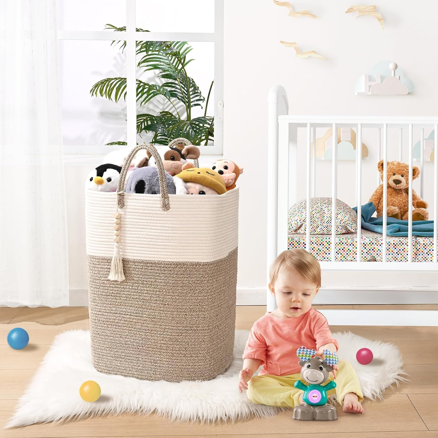Laundry Basket, Woven Cotton Rope Laundry Hamper, 60L for Decor Storage of Dirty Clothes, Baby Toys and Blankets in Bathroom, Nursery, Baby Room, Bedroom and Living Room image number 3