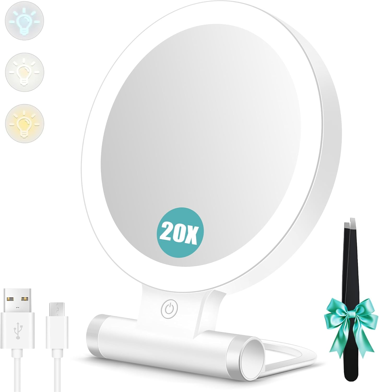 B Beauty Planet Magnifying Mirror with Light 20X/1X,Double Sided Tabletop Mirror with Adjustable Folding Handle,Cosmetic Mirror for Makeup/Travel, Tweezing, and Blackhead/Blemish Removal (9"L X 7"W)