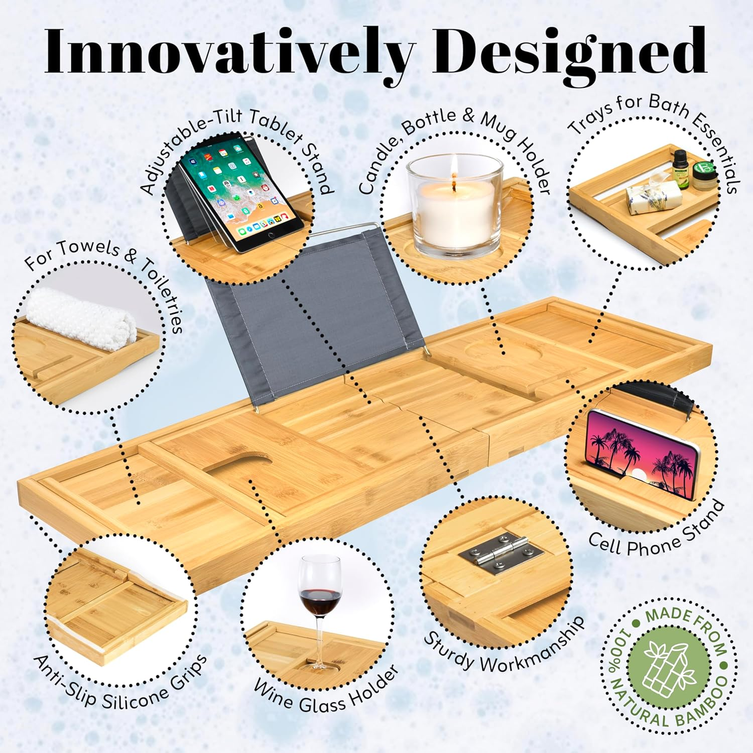 Home It Premium Foldable Bathtub Tray - Bamboo Waterproof Bath Tray for Tub Caddy - Wooden Holder for Wine, Book, Soap, Phone, Luxury Gift for Men & Women - Expandable, Fits Most Tubs in Bathroom image number 3