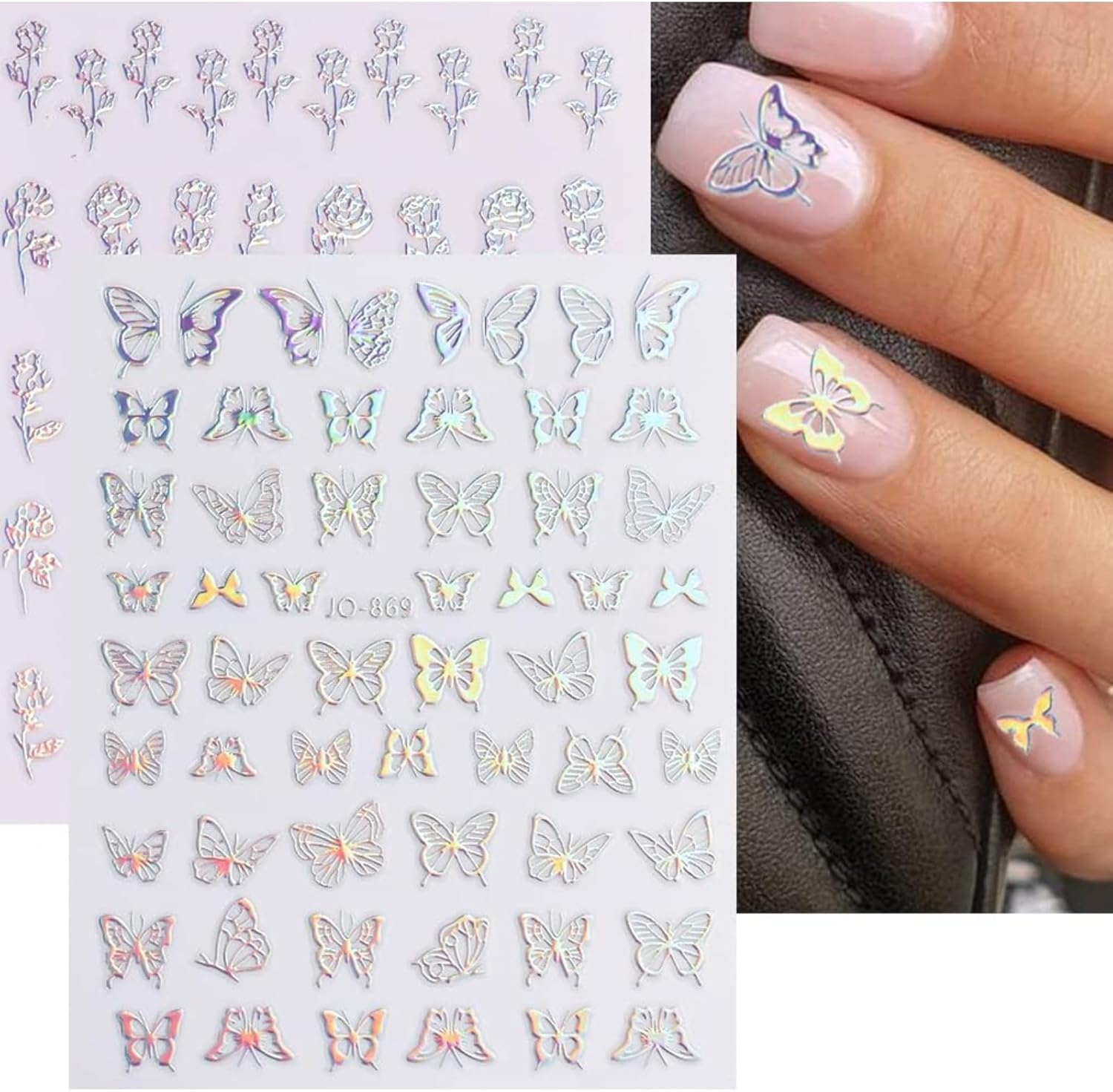8 Sheets of Laser Nail Stickers 3D Holographic Laser Heart, Star, Moon, Flame, Flower, Butterfly Stickers Self-Adhesive Art Stickers DIY Design Decoration (8 Types)