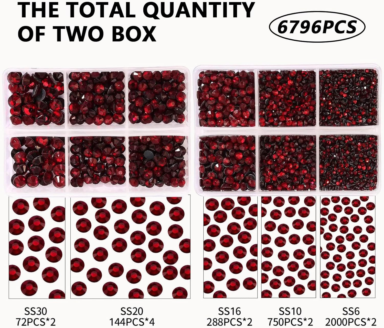 6616PCS Dark Red Hotfix Rhinestone Nail Charm Set SS6&ndash;SS30 Glass Crystal Flat Back Stones for DIY Decoration, Clothes, Shoes, and Nail Art Work with Fabric, Glass, Metal &ndash; SZTTY (Dark Red) - Dark Red image number 2