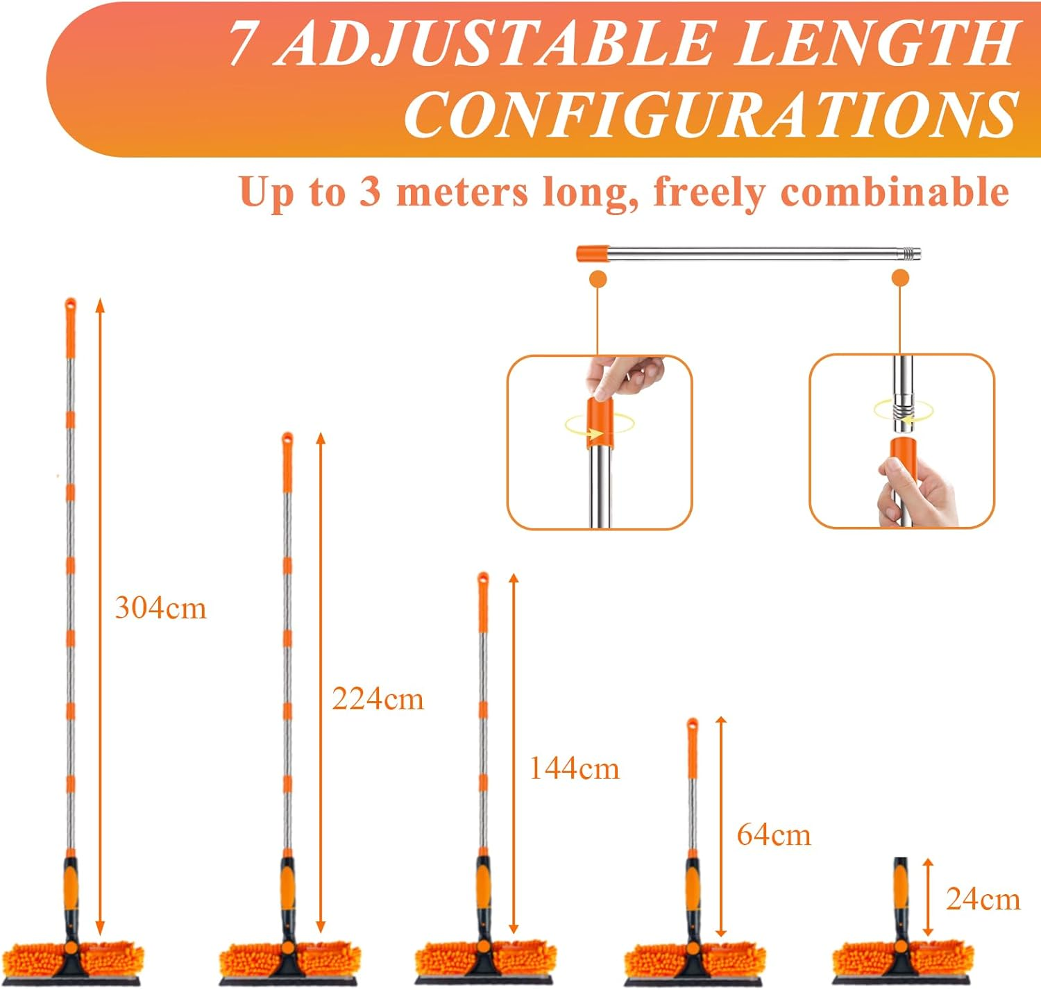 3-In-1 Window Cleaner with Telescopic Rod, Telescopic Window Wiper 3M, Long Handle Window Cleaner Set with Silicone Window Squeegee and Microfibre Cloth Brushes, Window Cleaning Set for Glass, Mirror image number 4