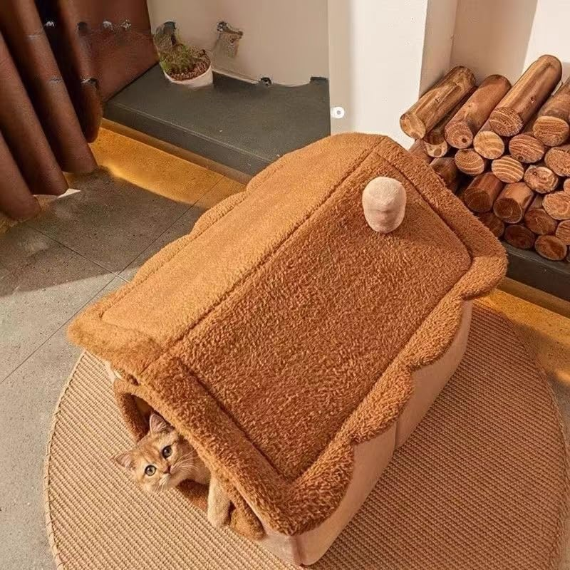 CARRORABI Cozy Cat Cave Bed for Indoor Cats - Warm Winter Pet Nest, Soft Suede with Removable Cover, Non-Slip Bottom, Home Decor, Brownish Red(45Cmx40Cmx45Cm) image number 1