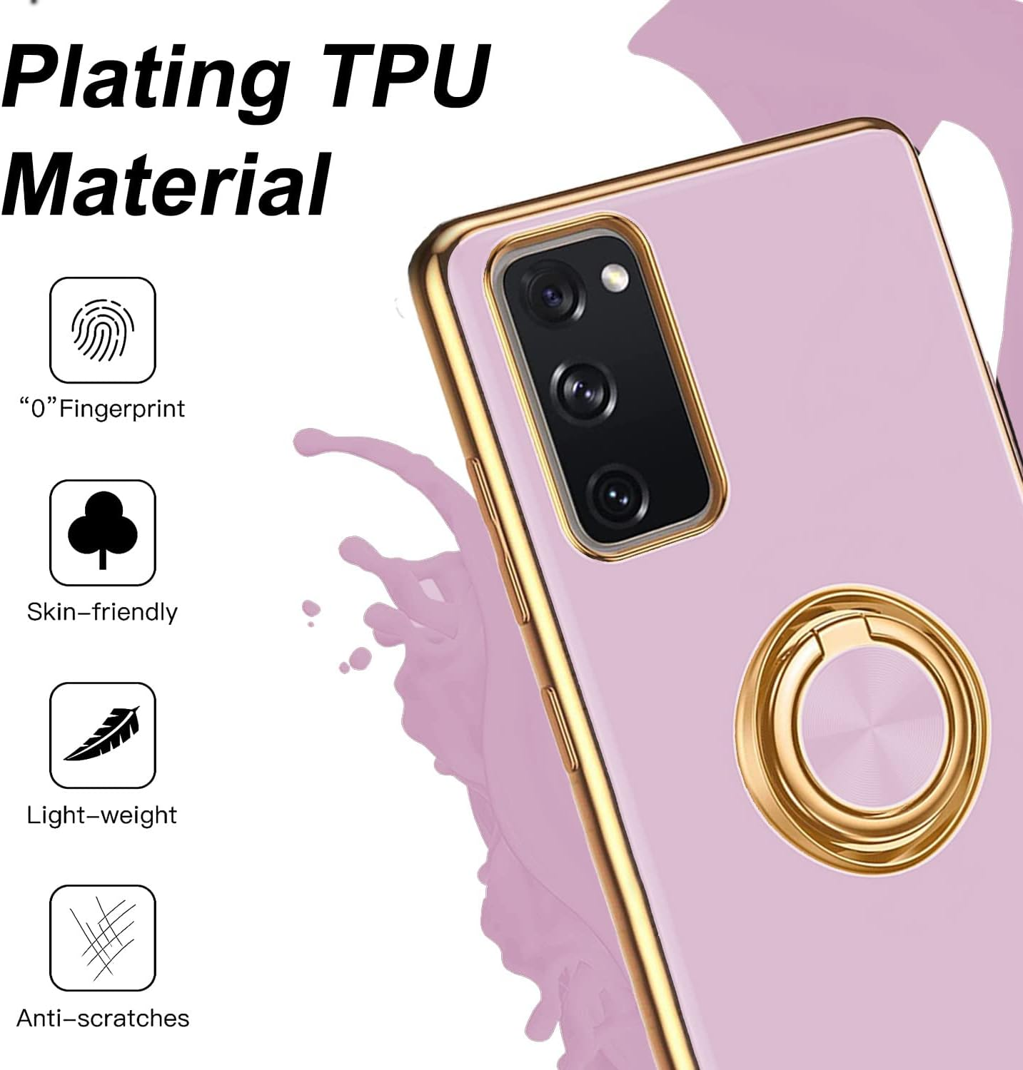 For Galaxy S20 FE 5G Ring Holder Case Edge Plating 360 Degree Rotation Kickstand Case Soft Silicone TPU Women Girls Slim Soft Flexible Protective Case for Samsung S20 FE 5G (Purple) image number 1