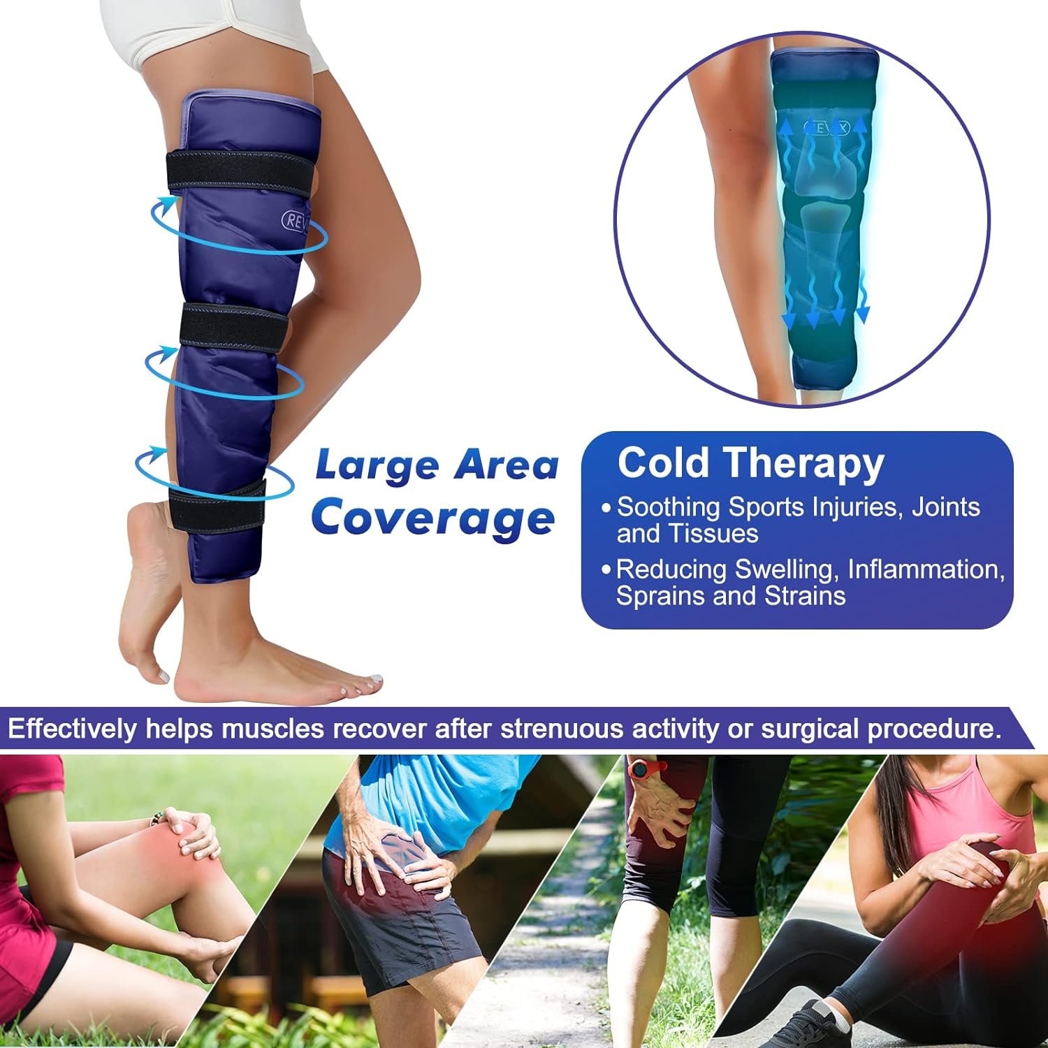REVIX Large Leg Ice Pack for Injuries Reusable, Gel Ice Wrap for Leg, Hip, Thigh, Knee and Shin Splint, Cold Compress Therapy for Pain Relief, Injury Recovery, Swelling, Bruises with 3 Straps