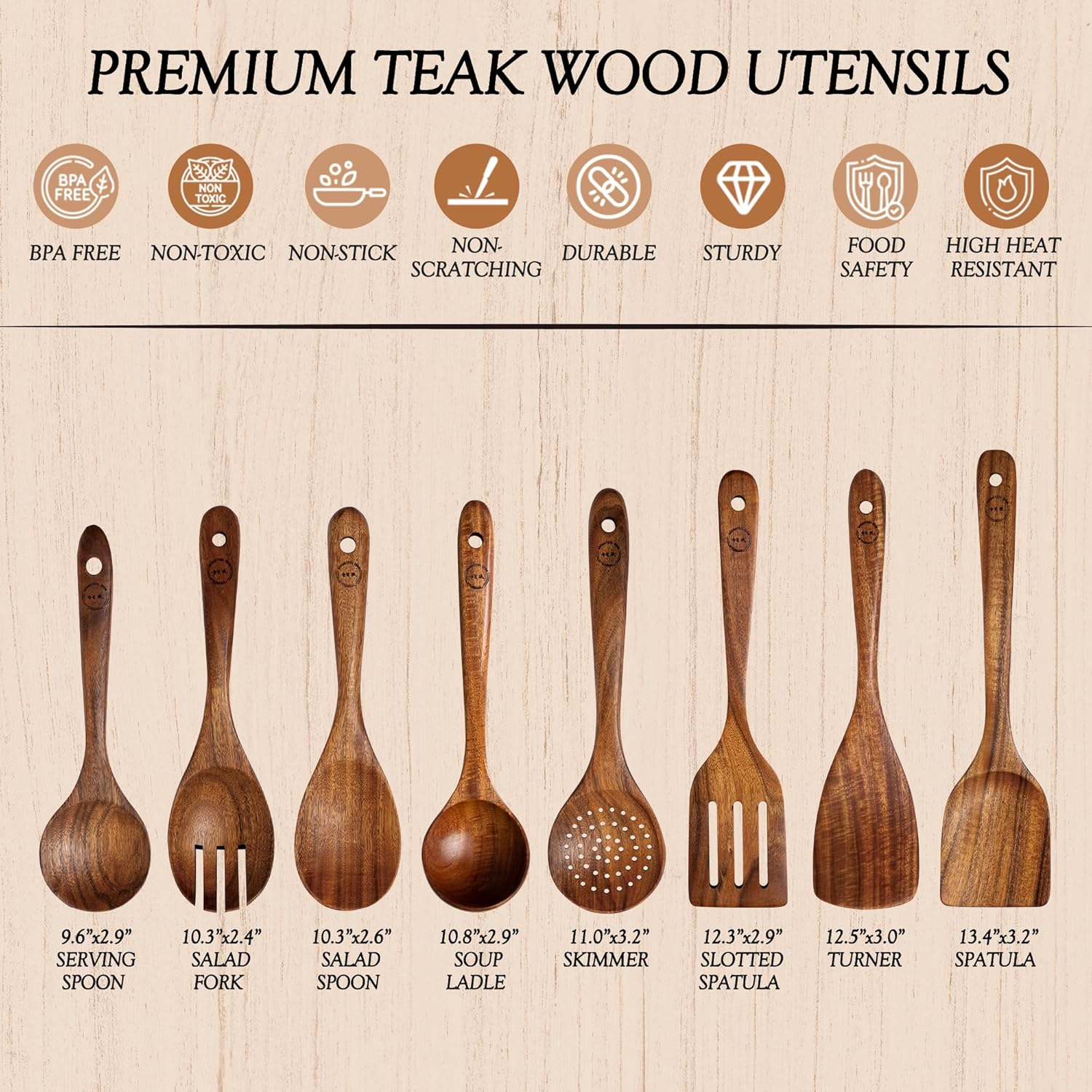 Wooden Spoons for Cooking &ndash; 8-Piece Teak Wood Cookware Utensil Set with Smooth Finish &ndash; Non-Stick, Comfortable Grip - Durable, Heat Resistant Kitchen Utensils image number 6