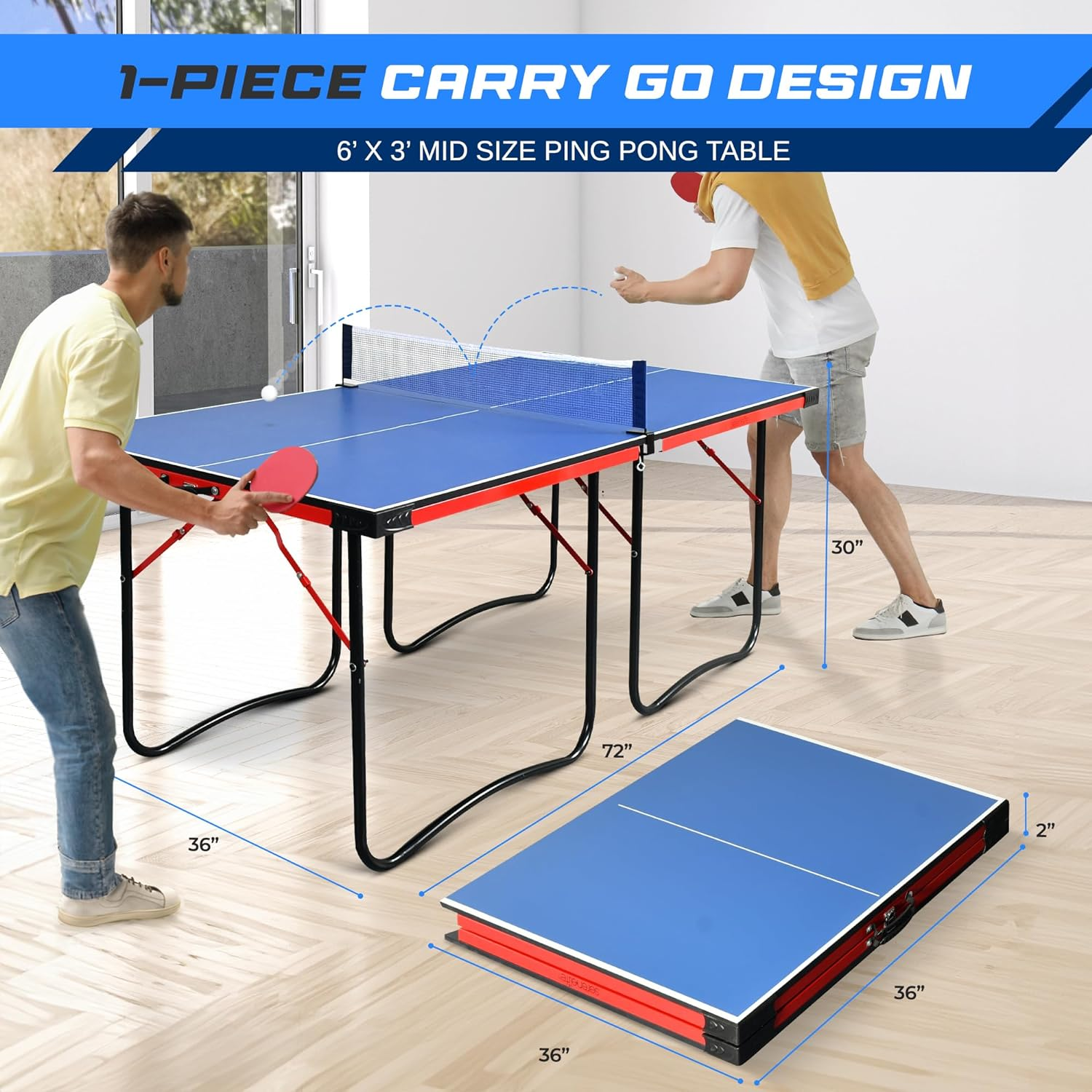 Serenelife Midsize Portable Ping Pong Table Set with Net, Clipper, Post - 6&rsquo; X 3&rsquo; Foldable Space-Saving Design, Blue image number 6