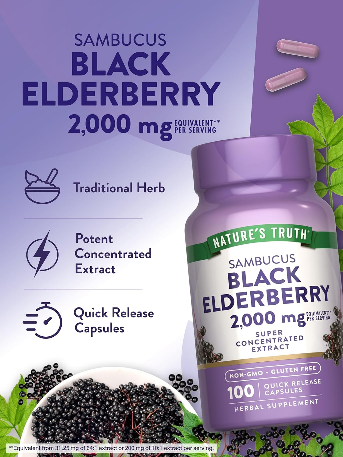 Black Elderberry Capsules 1000Mg | 100 Count | Super Concentrated Sambucus Extract | Non-Gmo, Gluten Free | by Nature'S Truth image number 6