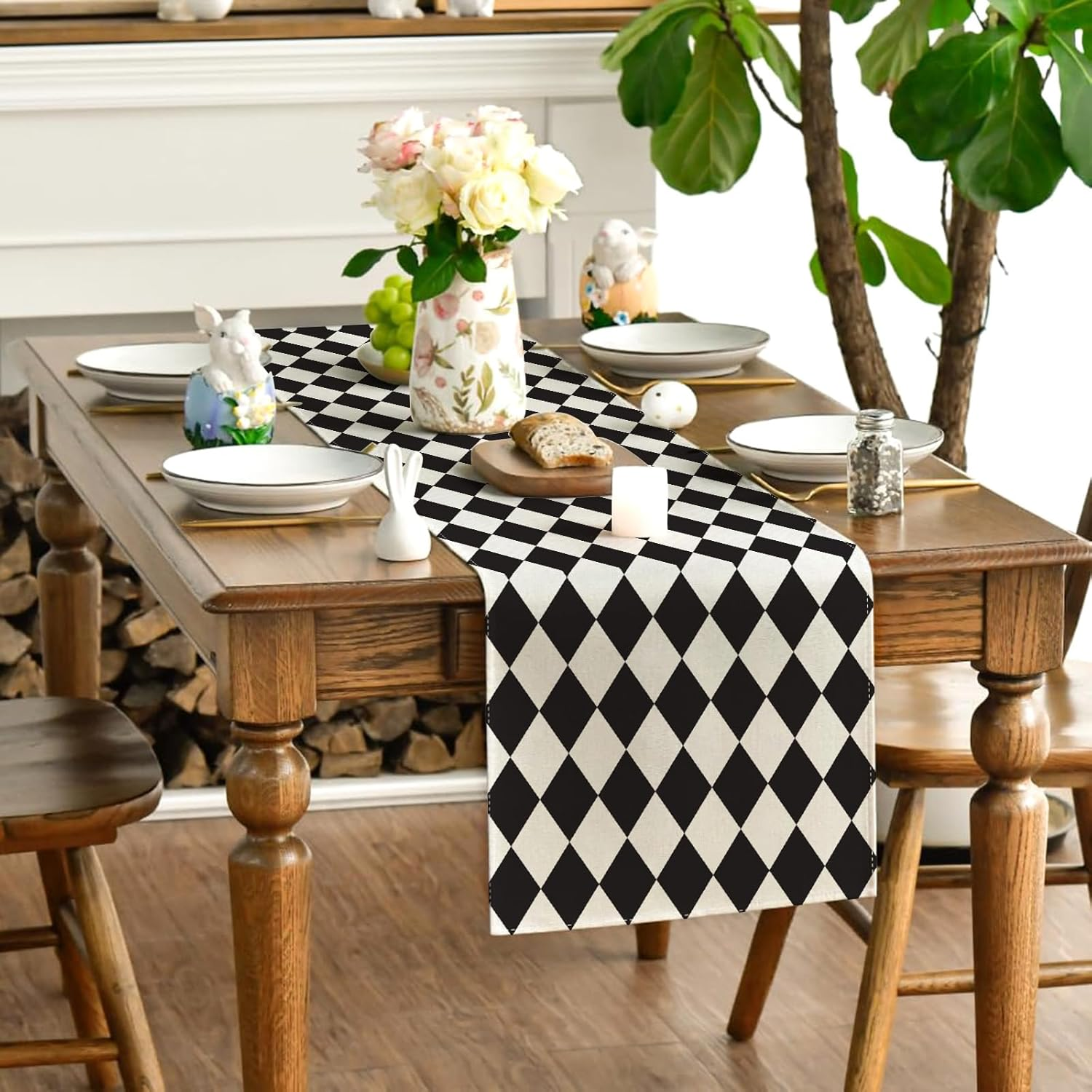Black and White Diamond Table Runner Tea Themed Party Decor Picnic Holiday Checkered Table Cover Black and White Decorations for Simple Life Home Party image number 1
