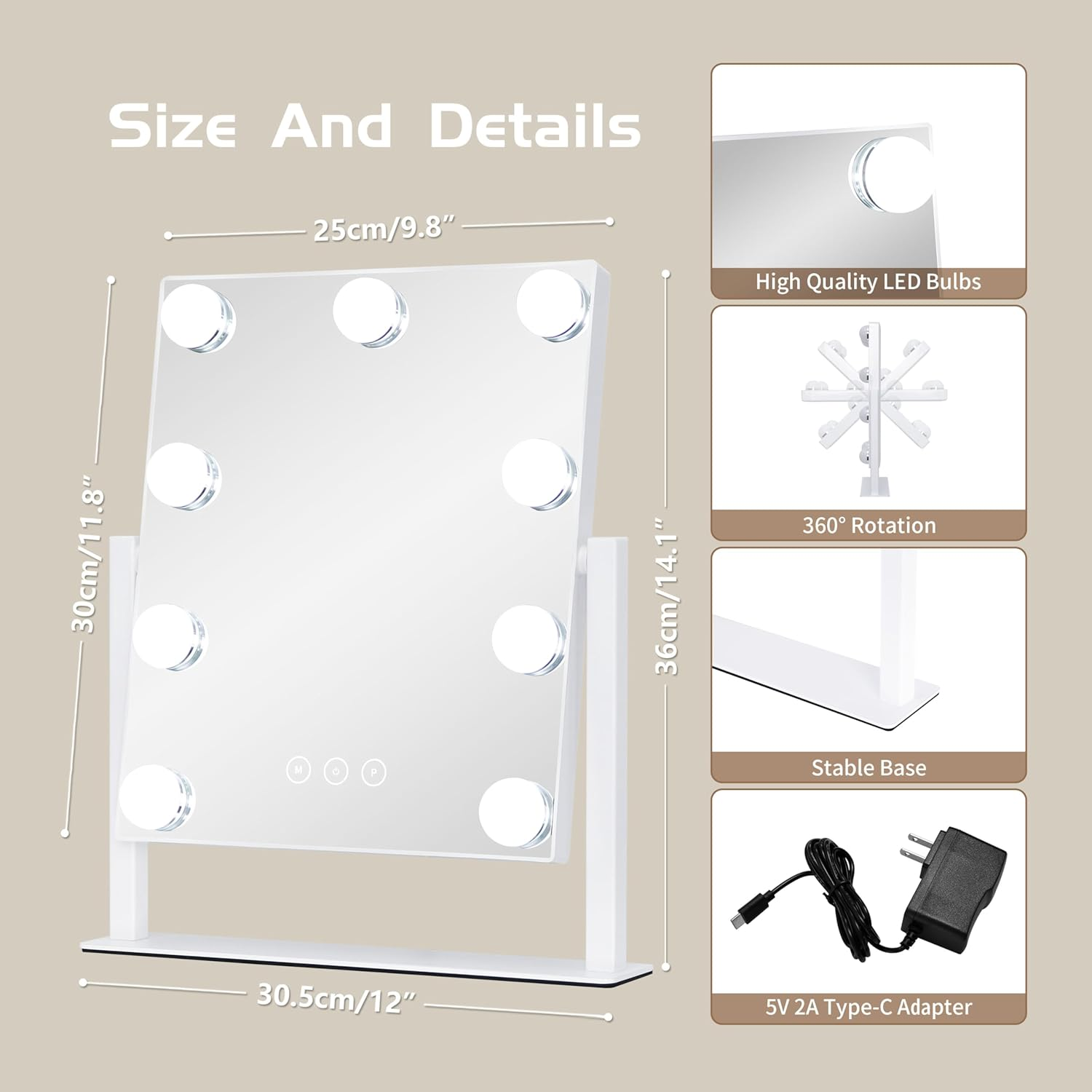 NUSVAN Vanity Mirror with Lights, Makeup Mirror with Lights,3 Color Lighting Modes Detachable 10X Magnification Mirror Touch Control,360&deg;Rotation, White. - Black-9 Bulbs image number 2