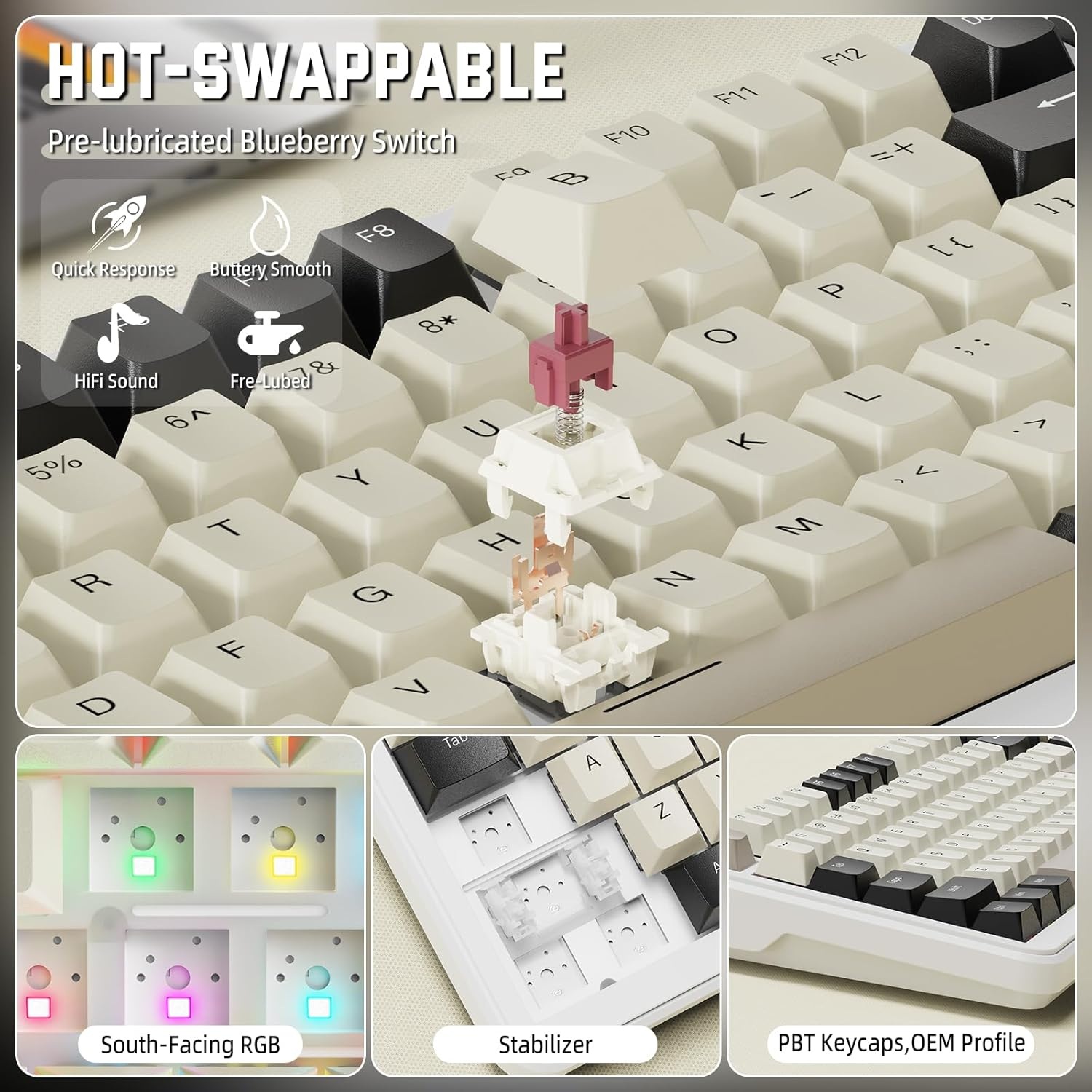 Lexonelec X Attack Shark M86 Pro Wireless Mechanical Keyboard, Tri Mode-Bt/2.4G/Wired, 4000Mah, Hot-Swappable Linear Switch, PBT Keycap, QWERTY, RGB Backlit Gaming Keyboard with Coiled Cable(White) image number 5