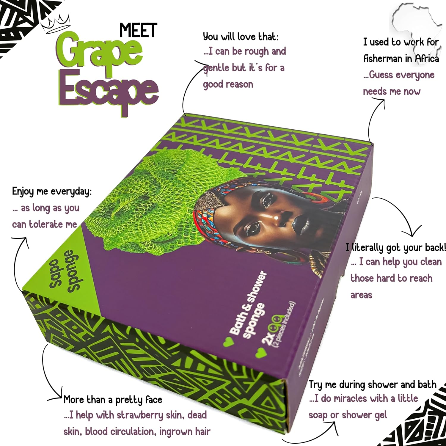 AFRIKI African Net Sponge, African Exfoliating Sponge, Black Owned, Exfoliating Washcloth, Body Exfoliator for Bath and Shower, Back Scrubber, Dead Skin Remover (Green, Purple, 1 Count (Pack of 2)) image number 2