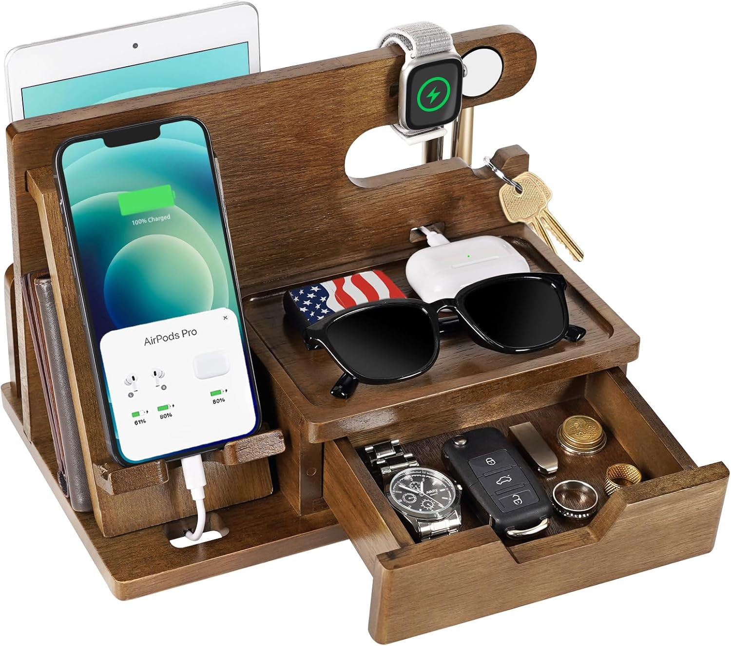 Fathers Day Dad Gifts from Daughter Son Wife, Wood Phone Docking Station with Drawer, Birthday Anniversary Men Him Husband Boyfriend Gifts from Girlfriend, Mens Nightstand Organizer Presents Ideas
