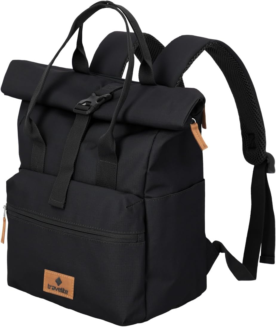 Travelite Hand Luggage Backpack, Laptop Backpack, 14 Inches, Basics Short Handle Rollup, Travel Backpack Rolltop Function