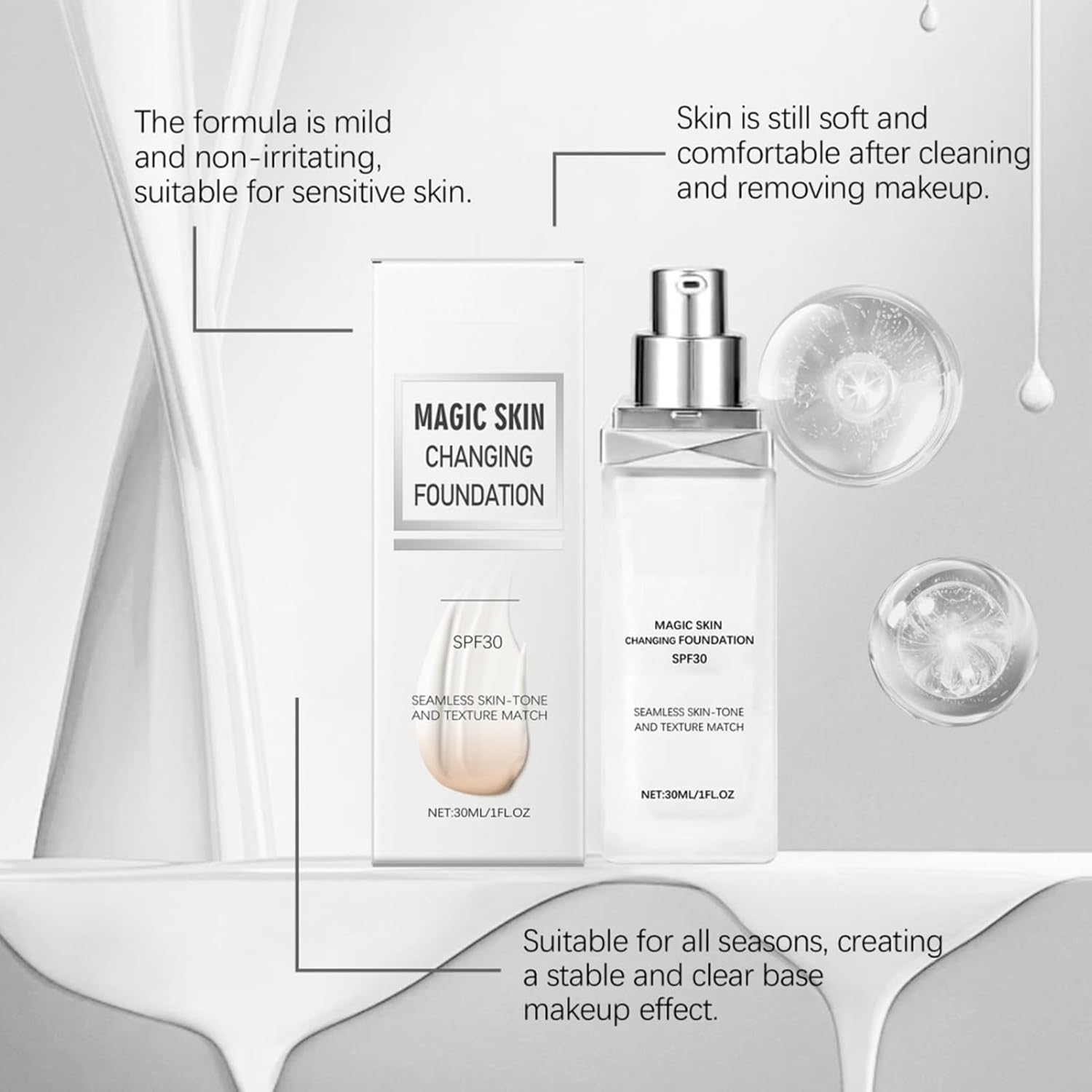 Magic Skin Changing Foundatione, Colour Changing Foundation, Foundation for Mature Skin, SPF 30 Concealer Hydrating Coverage Cream, for Women Natural Look image number 1