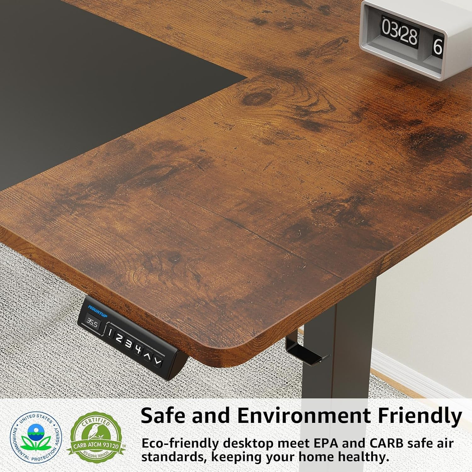 MOUNTUP Electric Standing Desk 140X70Cm (55X28) Height Adjustable, Sit Stand Desk with Memory Controller, Ergonomic Stand up Desk for Home Office with Splice Board, Rustic Brown+Black - Oak+Black image number 3