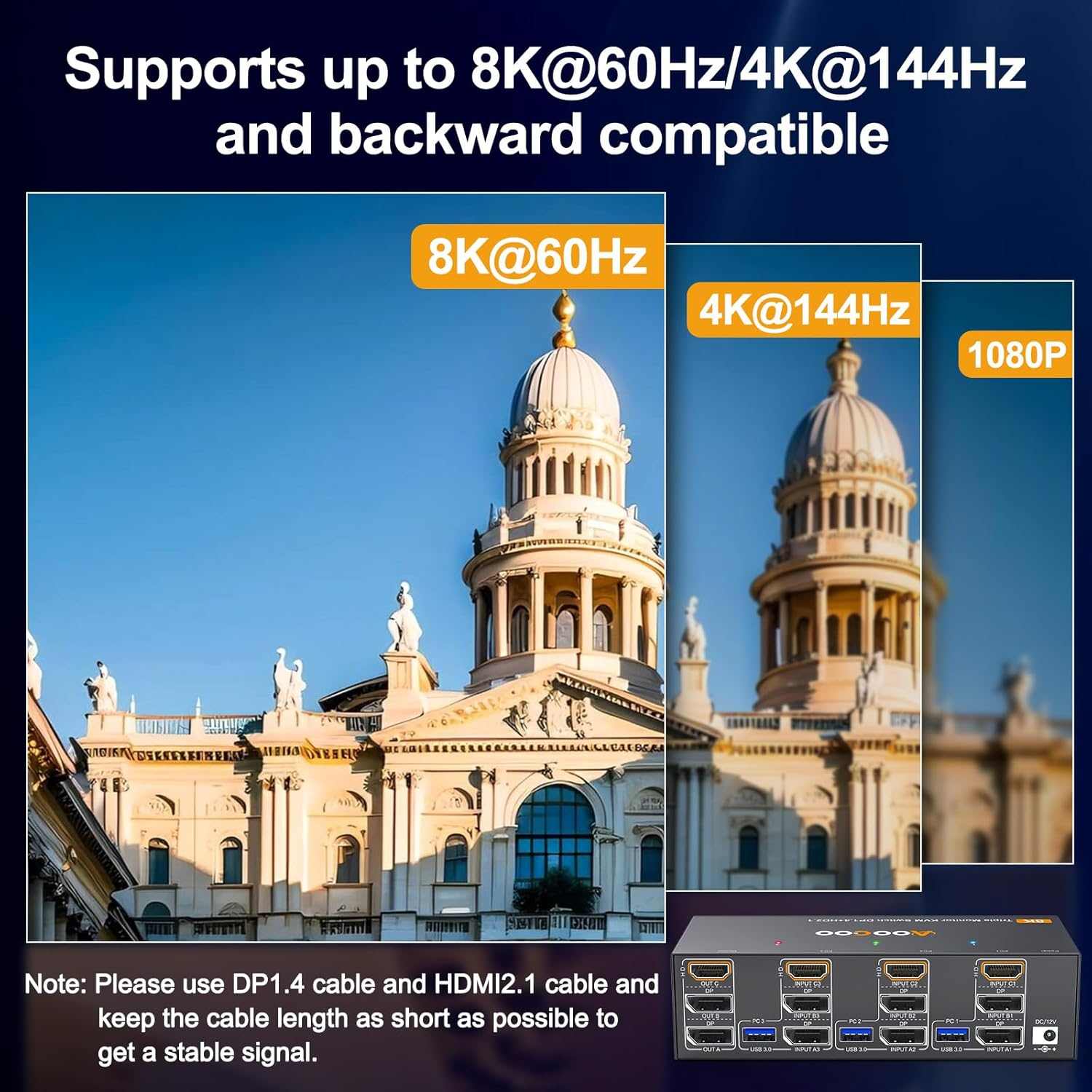 3 Monitors 3 Computers KVM Switch Triple Monitor 3 Port Displayport 1.4 + HDMI 2.1 5Gbps USB 3.0 Keyboard Video Mouse KVM Switches DP1.4 Support 8K@30Hz/4K@144Hz HDMI 2.1 Support 8K@60Hz/4K@120Hz image number 1