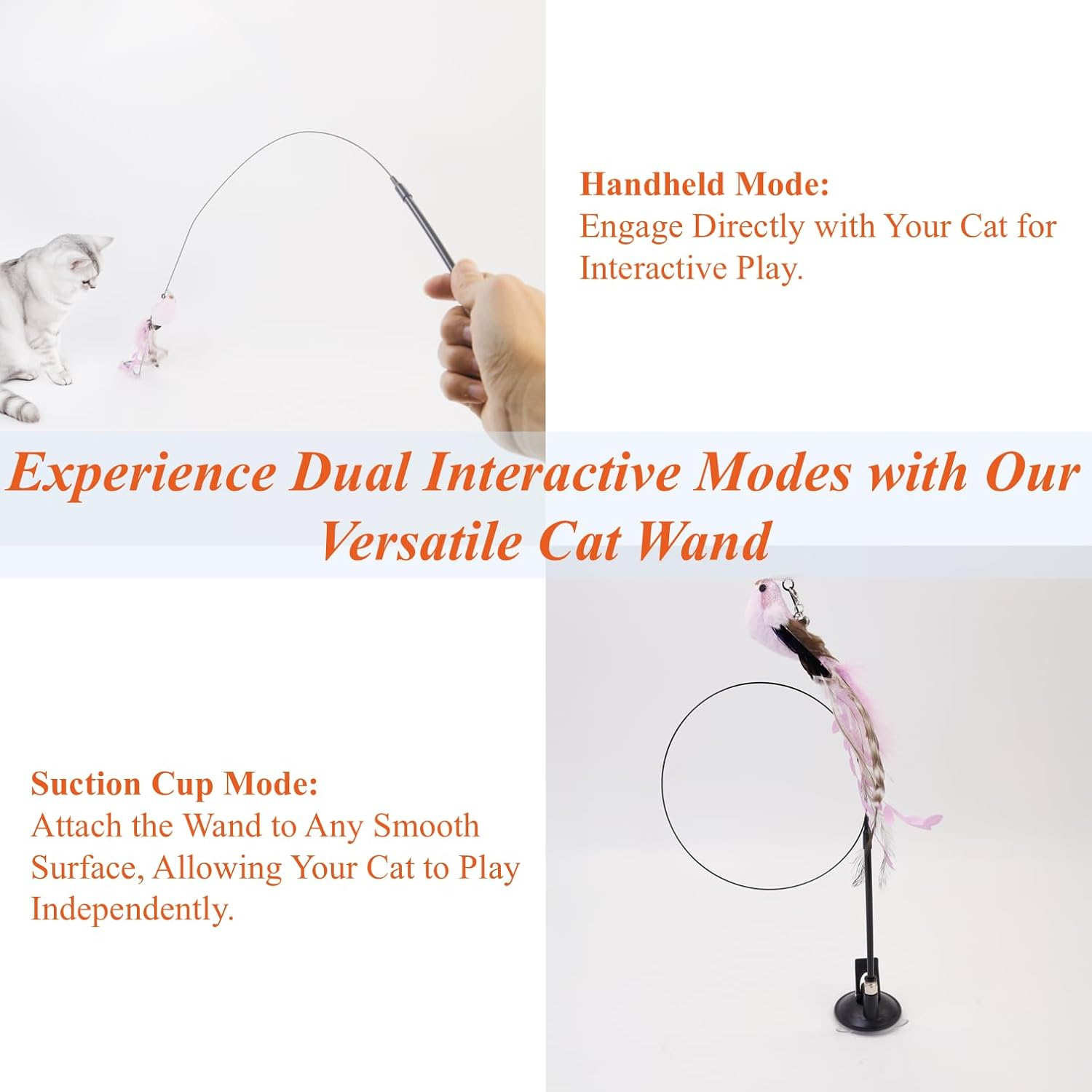 ZAYLUMO Interactive Cat Toys - Wand Toy with Suction Cup, 6 Bird & 5 Feather Replacement Heads, Perfect for Bored Indoor Cats &ndash; Engaging Cat Products with Bells & Natural Feathers image number 6