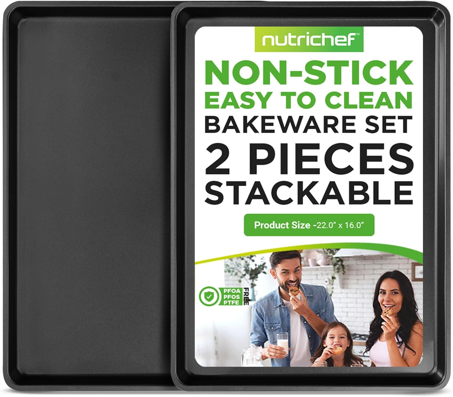 Nutrichef 2-Piece Nonstick XL Cookie Sheets for Baking - 22" X 16" Extra Large Carbon Steel Oven Baking Trays - Non Stick Coating, Stackable Baking Pans, NCLGBP28