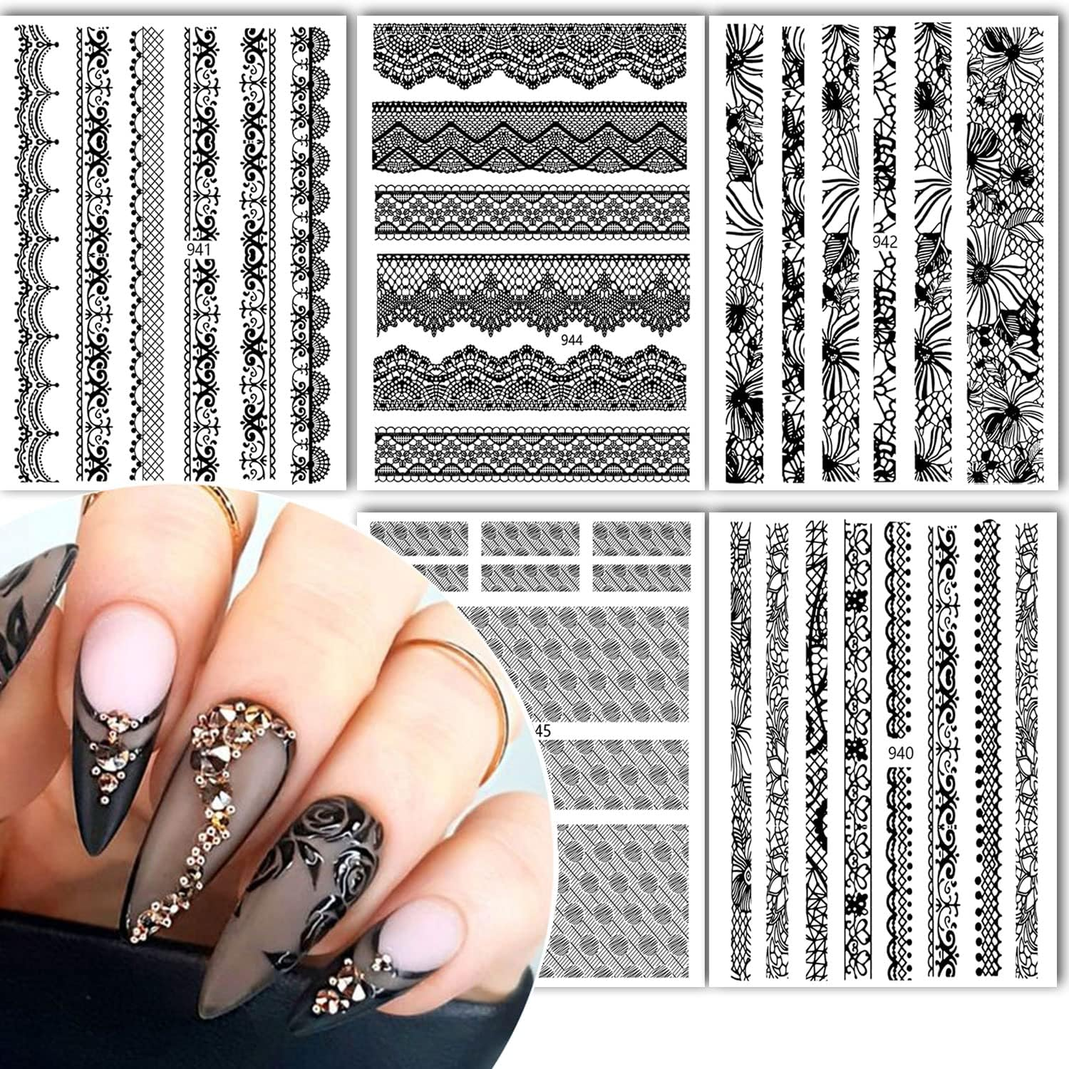 Black Lace 3D Nail Art Sticker Decal - Dots Flower Self-Adhesive Design for Acrylic Decoration - Women'S Manicure Decor - 6 Sheets - Black image number 5