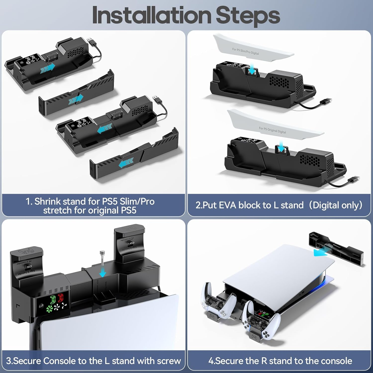 Gersker PS5 Horizontal Stand with Cooling Fan & PS5 Controller Charger for Original/Slim/Pro Disc & Digital Console, PS5 Cooling Stand with Scalable Design & EVA Foams, PS5 Accessories (Black)