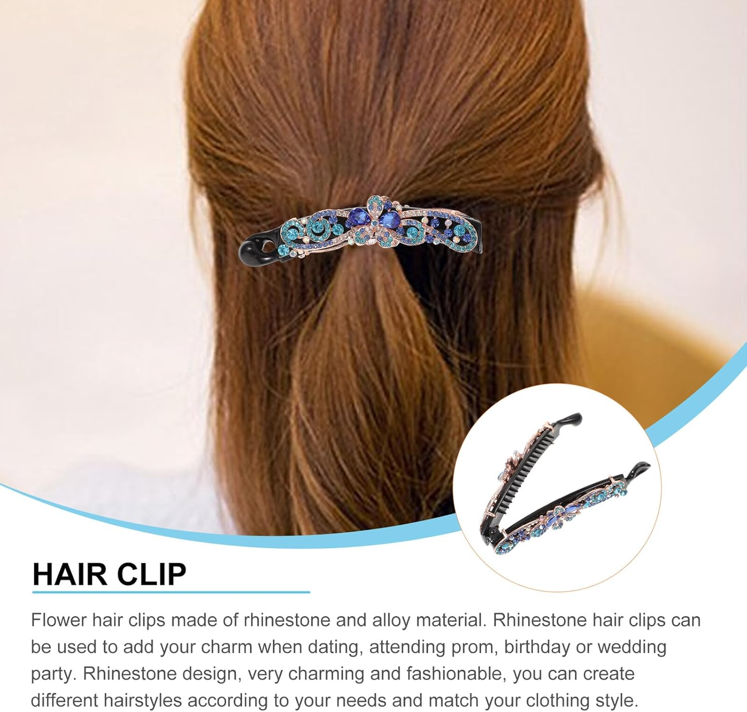 DRESSOOS Elegant Floral Rhinestone Hair Clip for Women and Banana Clip with Blue Crystal Design Decorative Accessory for Wedding Party Prom Birthday and Everyday Styling