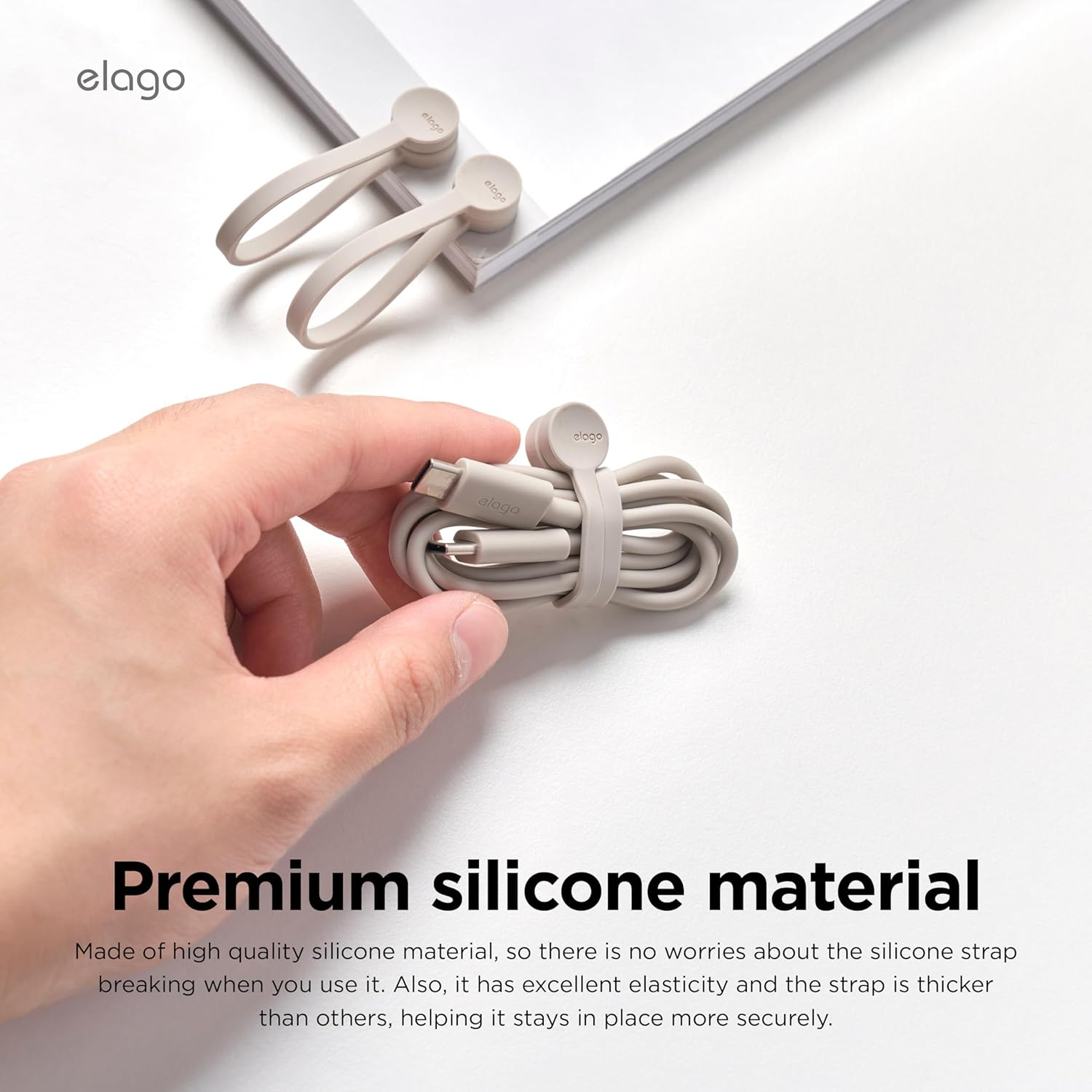 Elago Reusable Magnetic Cable Ties, Premium Silicone, Multipurpose Cord Organiser for Home, Kitchen, Office, Travel [3 Pack] (Stone) image number 6