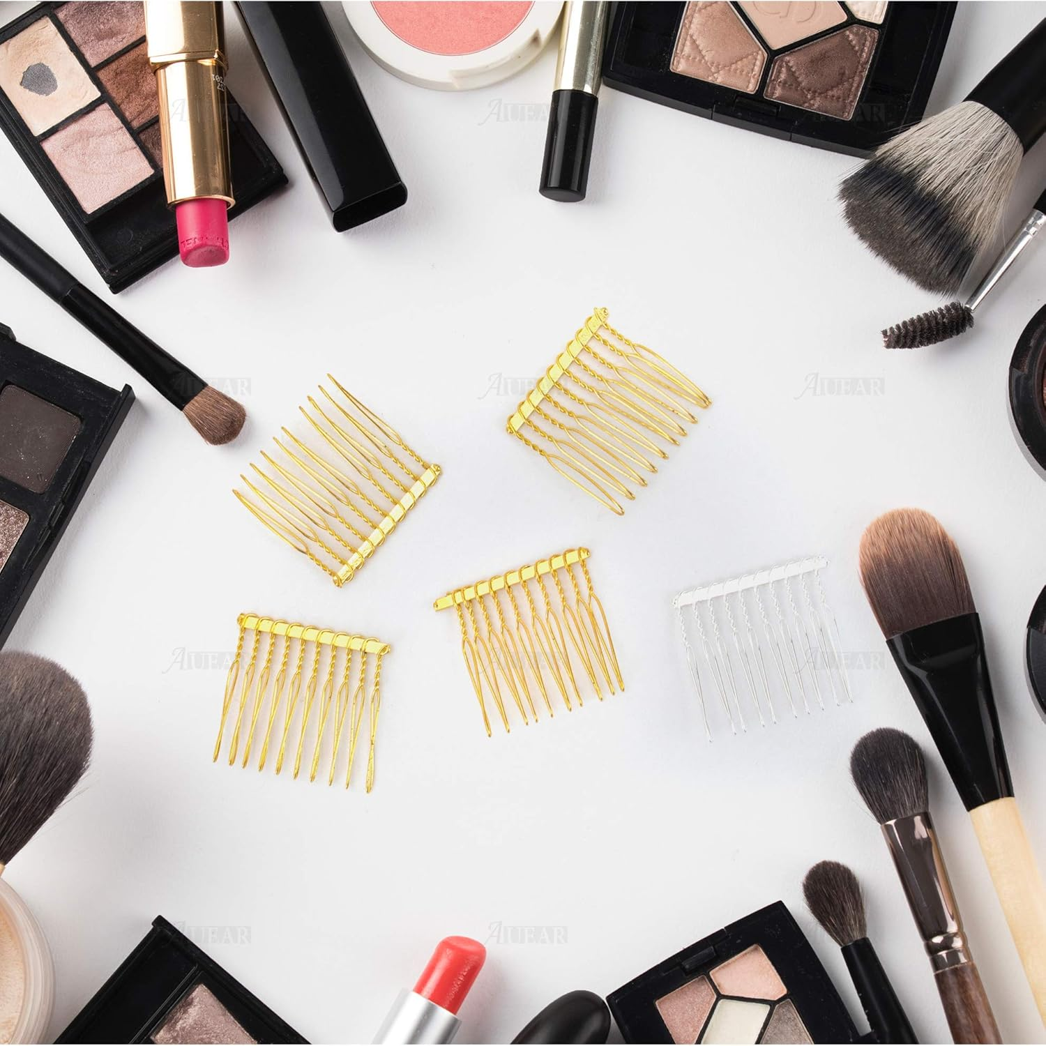 AUEAR, 20 Pack 10 Teeth Metal Veil Comb Hair Wire Clips Twist Bridal Wedding Combs Silver Gold image number 1