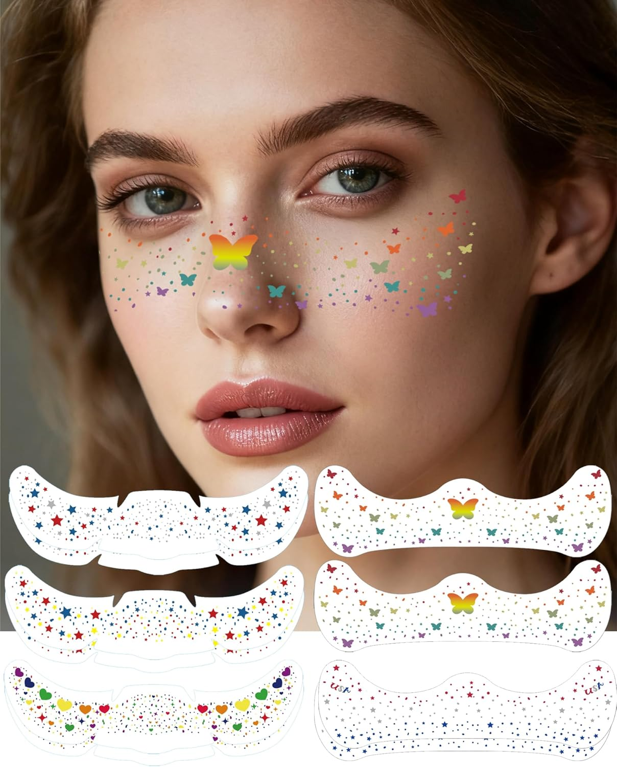Face Glitter Temporary Tattoos, Pride Freckles Face Tattoo, Glitter Sticker, Rainbow Stars Hearts Butterflies Design, Parade Festival, Pride Day (10 Sheets) image number 5