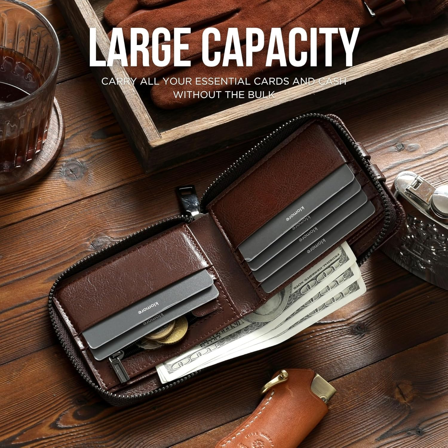 Zipper Wallet for Men Genuine Leather with Zip Coin Pocket RFID Blocking Large Capacity Bifold Purse Front Pouch Card Holder Case for Cash ID Travel, Carteras Billeteras Para De Hombres Cuero image number 1