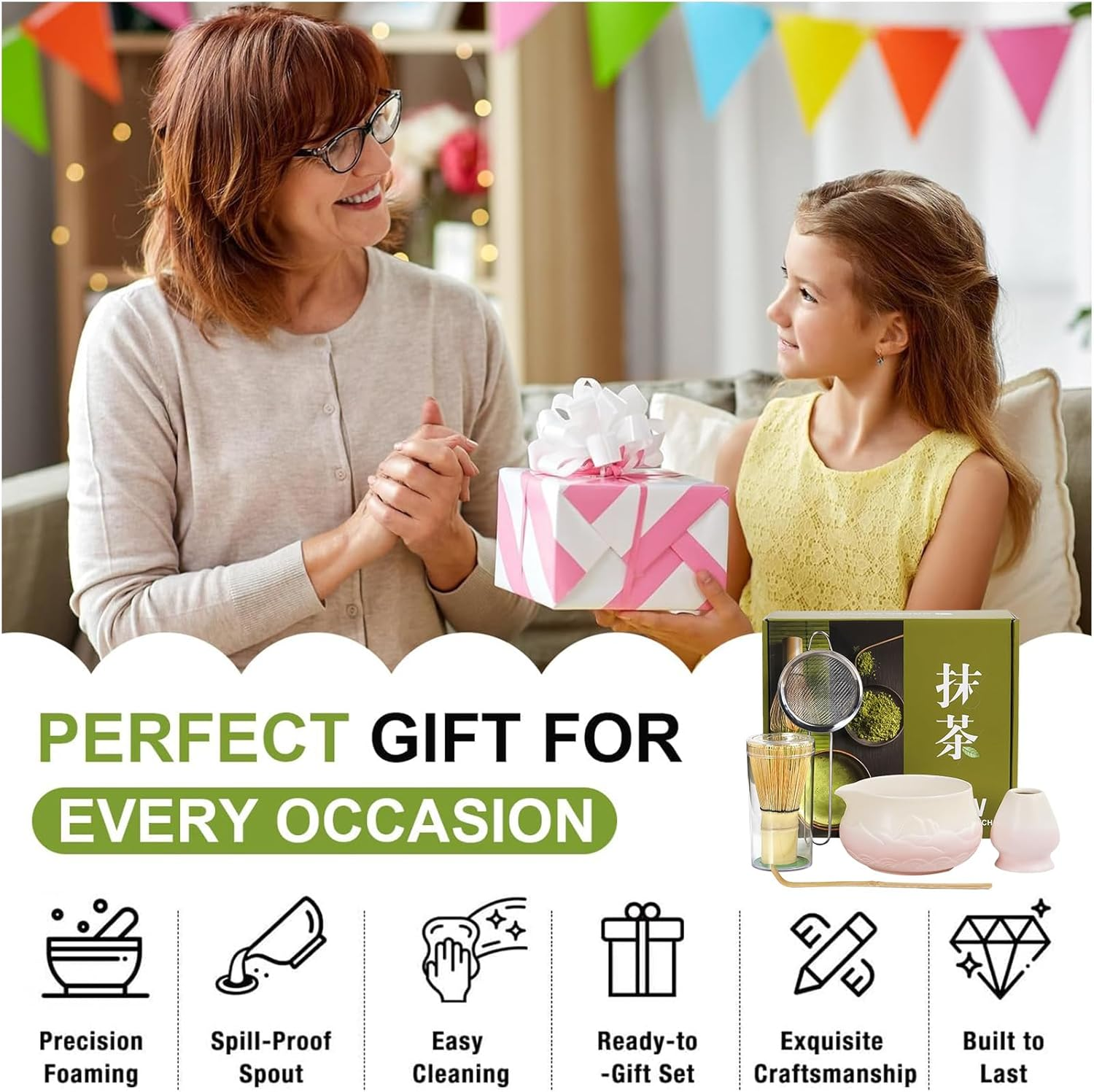 5 Pcs Matcha Whisk Set, Japanese Matcha Set, Ceramic Matcha Bowl with Spout, Matcha Whisk Holder, Bamboo Matcha Whisk, Stainless Sifter, and Scoop for Matcha Tea Ceremony image number 6