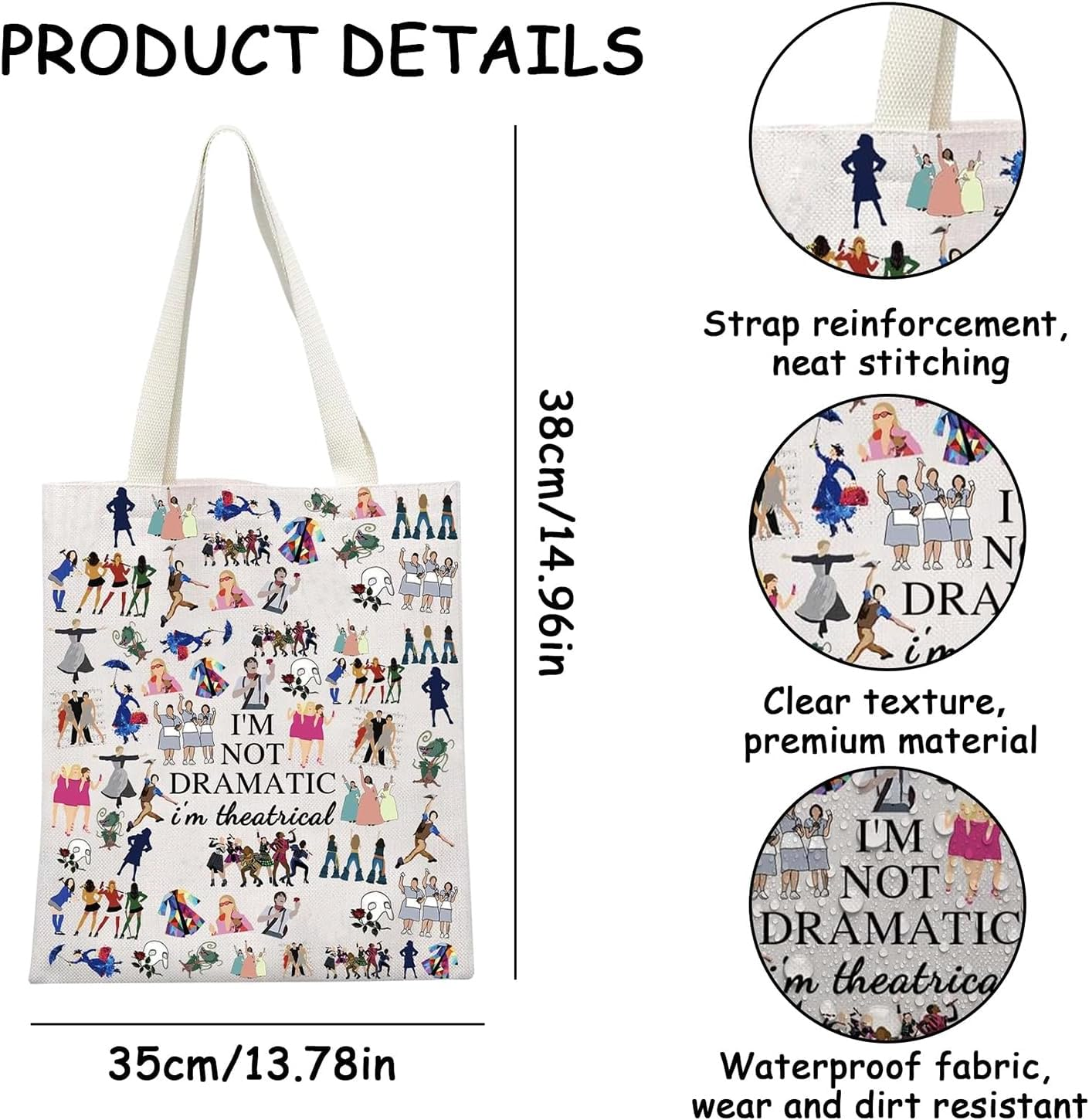 Broadway Character Musical Tote Bag Theatre Cosmetic Bag Theatre Fans Gift I'M Not Dramatic I'M Theatrical Musical Makeup Pouch Broadway Musical Theatre Gift Tote, Beige, Fashion image number 5