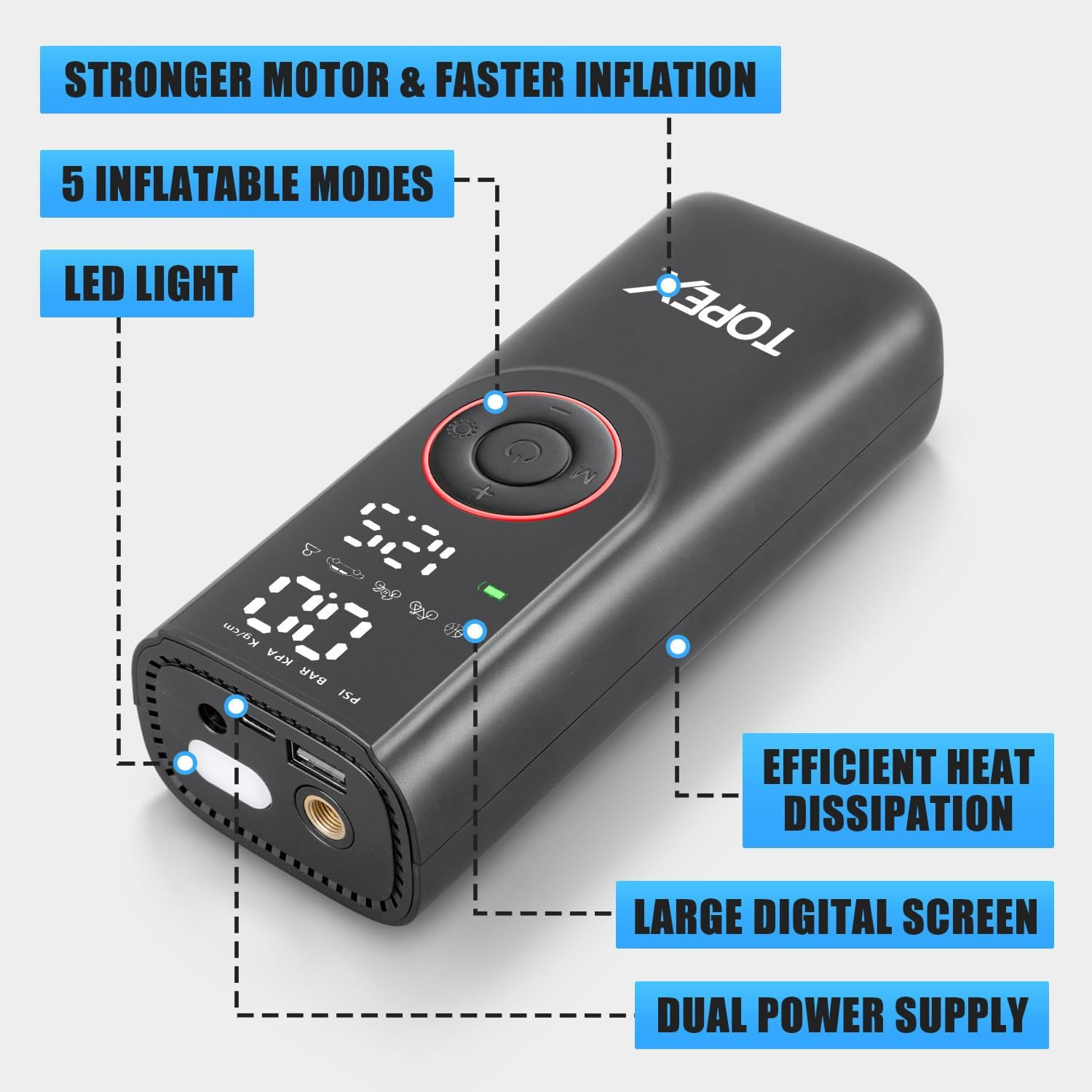 TOPEX 12V Car Tyre Inflator Portable Air Compressor Cordless Air Pump 150PSI Air Pump Dual Power Electric Tyre Pump with LED Light & LCD Display for Car/Motorcycle/Bike/Ball/Custom