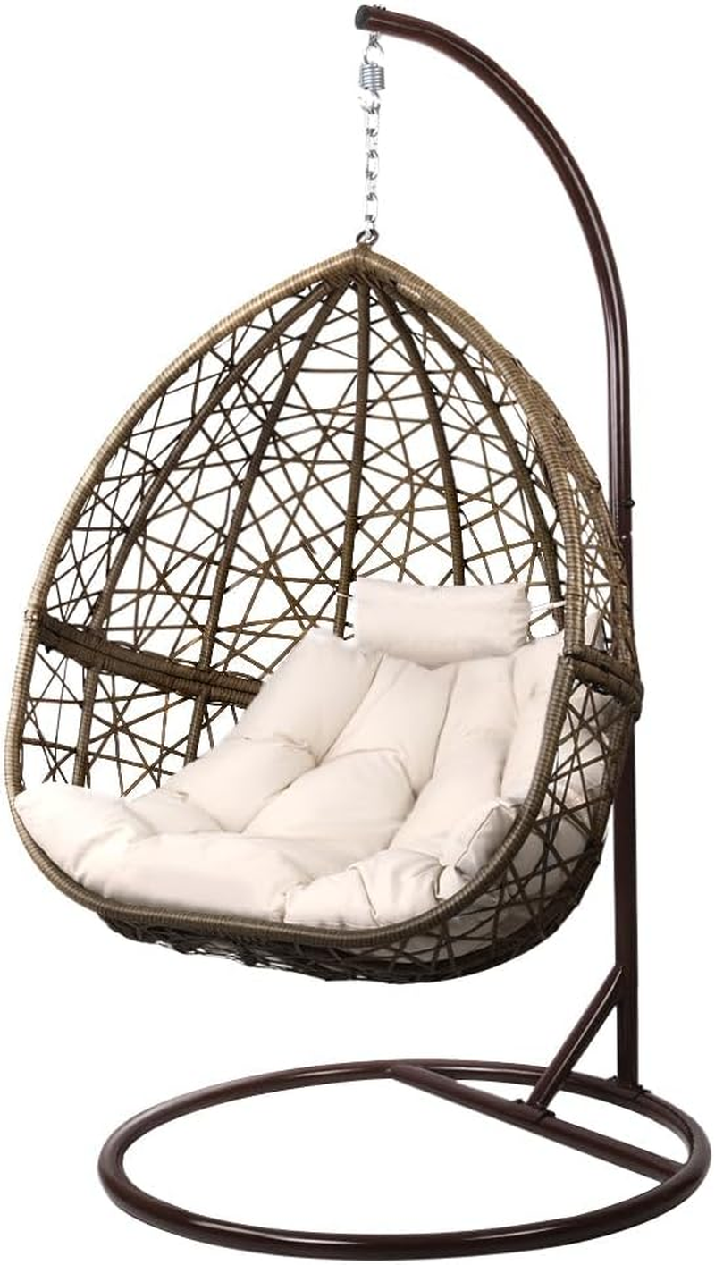 Gardeon Outdoor Egg Swing Chair Rattan Latte Garden Bench Hanging Seat, Patio Baconly Furniture Chairs, with Cushions Stand Wicker Basket Water Resistant 150Kg Capacity image number 5