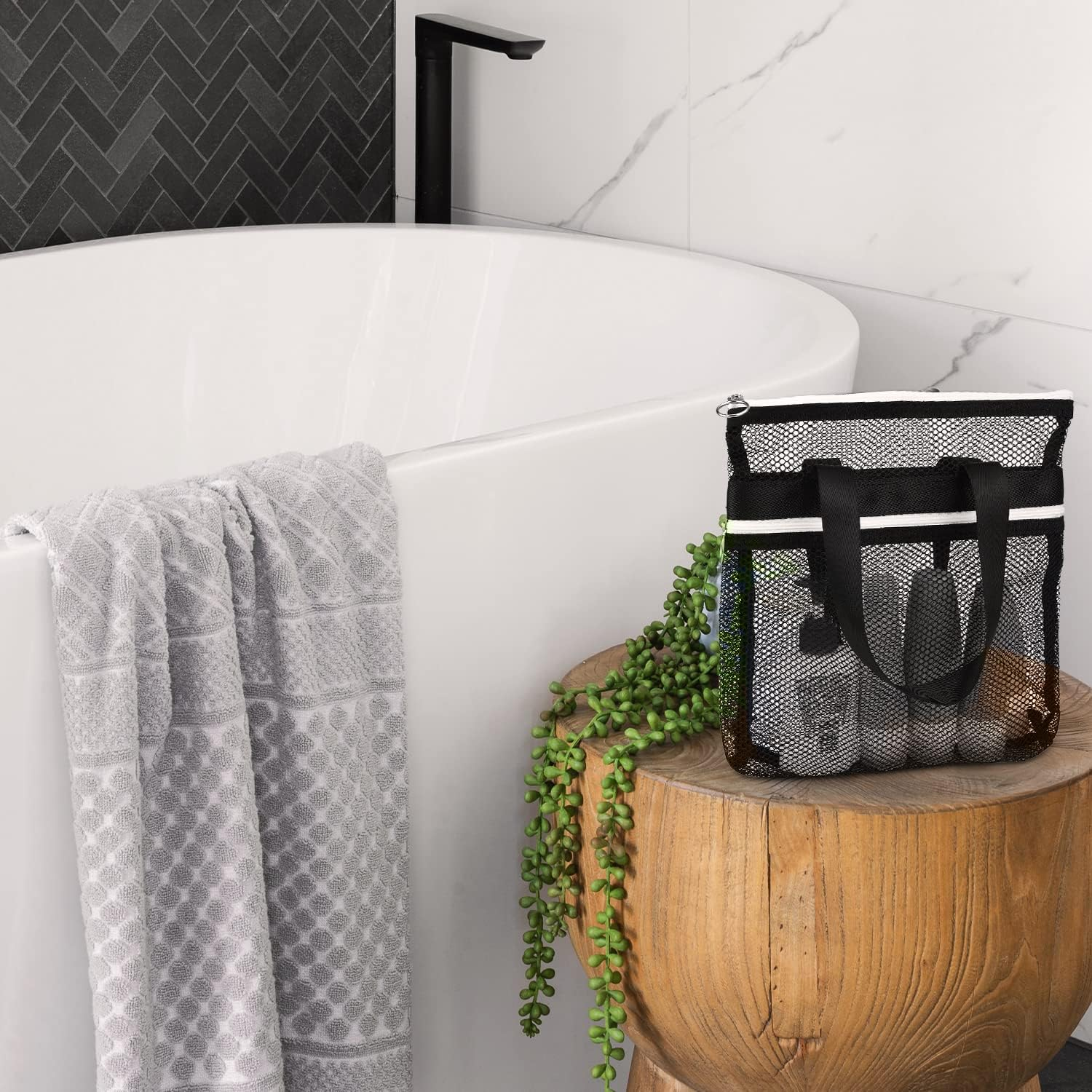 Mesh Zippered Shower Bag, Polyester Large Shower Tote Bag Portable Bath Caddy Organizer with Handle and 2 Storage Pockets Quickly Dry Shower Bag for Dorm Room Gym Camping (Black) image number 6