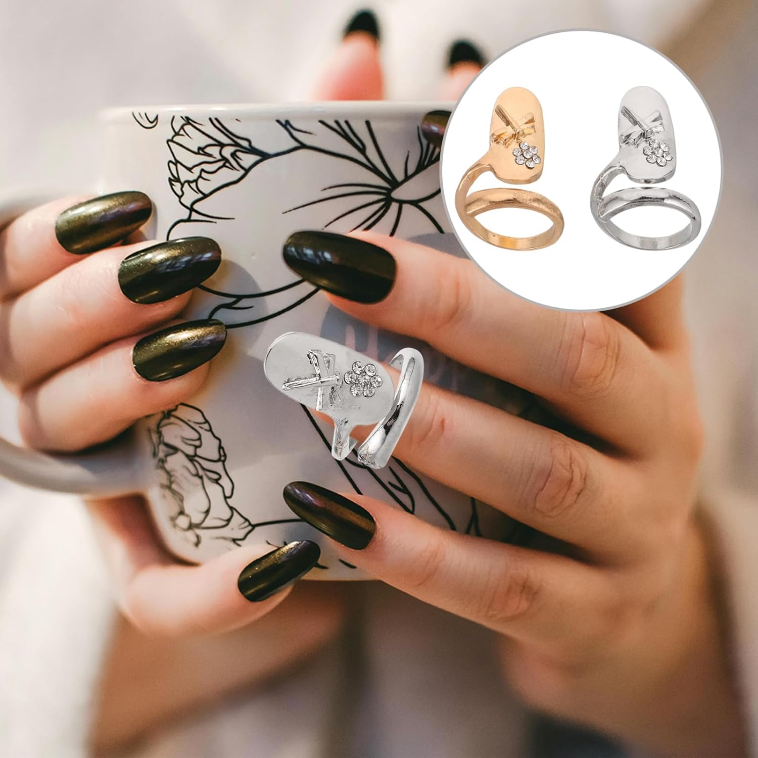 VICASKY 2Pcs Fingernail Rings for Women Nail Art Rhinestone Nail Decorations Opening Fashionable Fingertip Jewelry image number 4