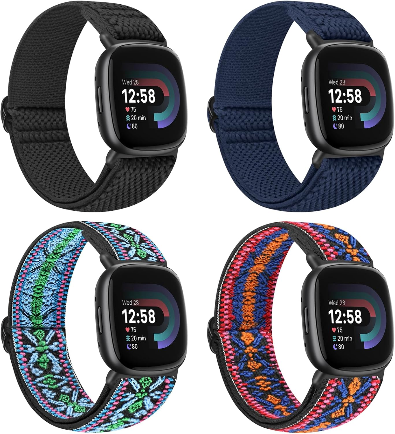 Compatible with Fitbit Versa 3/Fitbit Versa 4 /Fitbit Sense/Fitbit Sense 2 Bands for Women Men,Adjustable Stretchy Solo Loop Elastic Nylon Sport Strap for Versa 4/Versa 3/Sense 2/Sense
