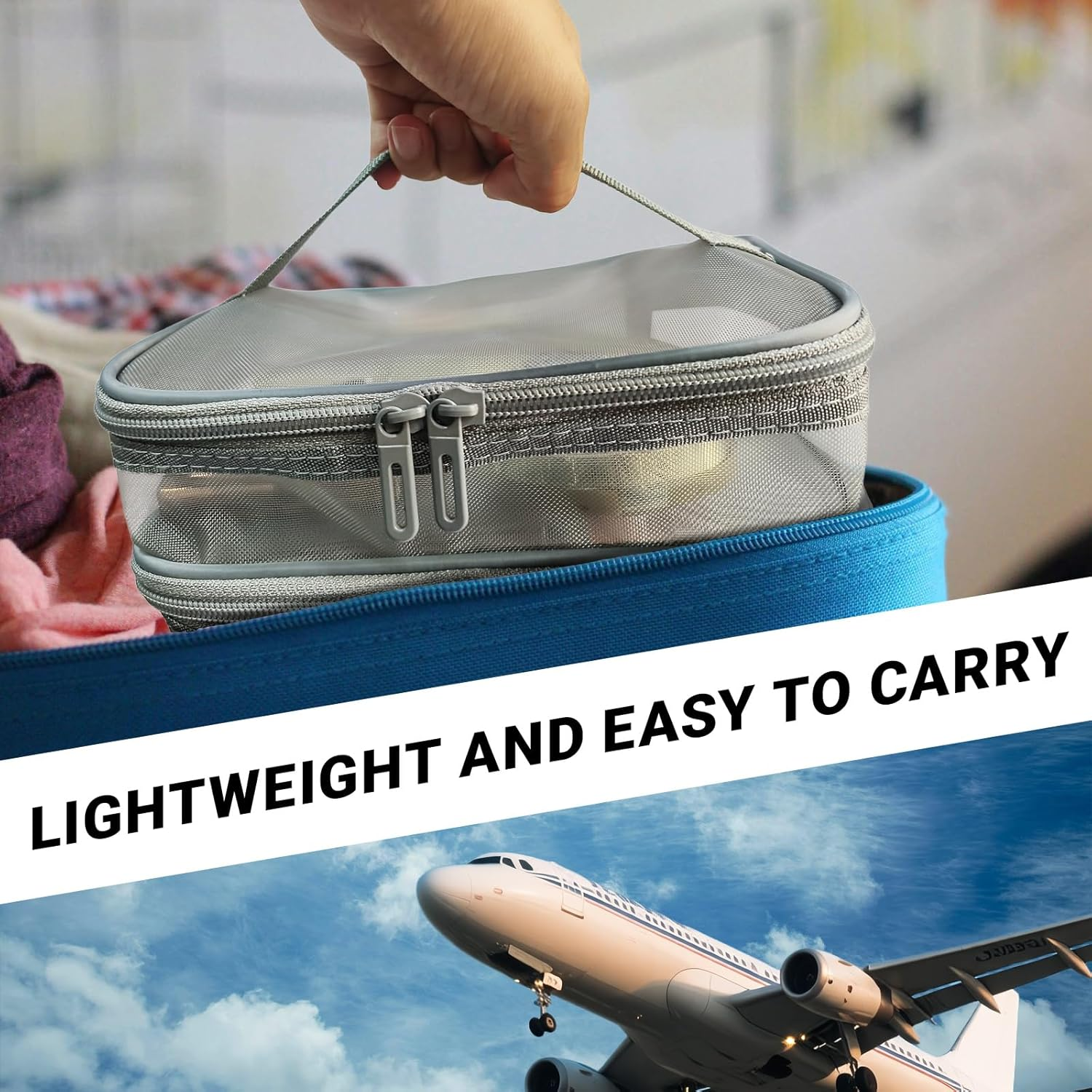 Double Layer Makeup Bag, Mesh Cosmetic Bag with Handle, Double Zipper Beauty Make up Bag, 2 Compartment Toiletries Storage Bag, Portable Travel Cosmetic Case Organizer for Women Girls, Gray image number 4