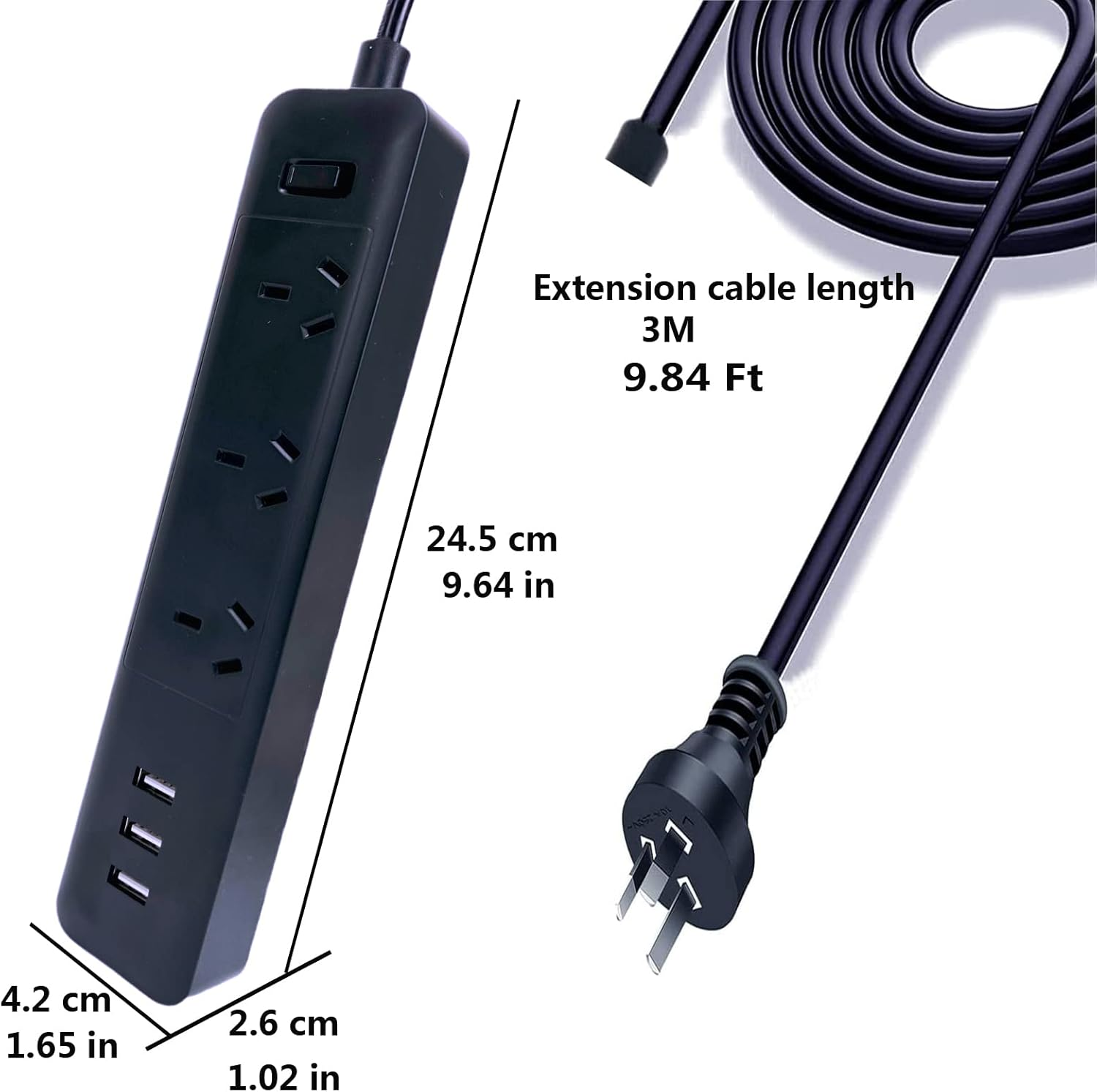 Power Strip Socket 3M Extension Cord Power Board with 3USB Port Charge for Sweeping Robot, Phone, Surge Protector Powerboard 3 AC Outlets, Max 2500W/10A, AU Plug Socket with Switch for Home (Black) image number 1