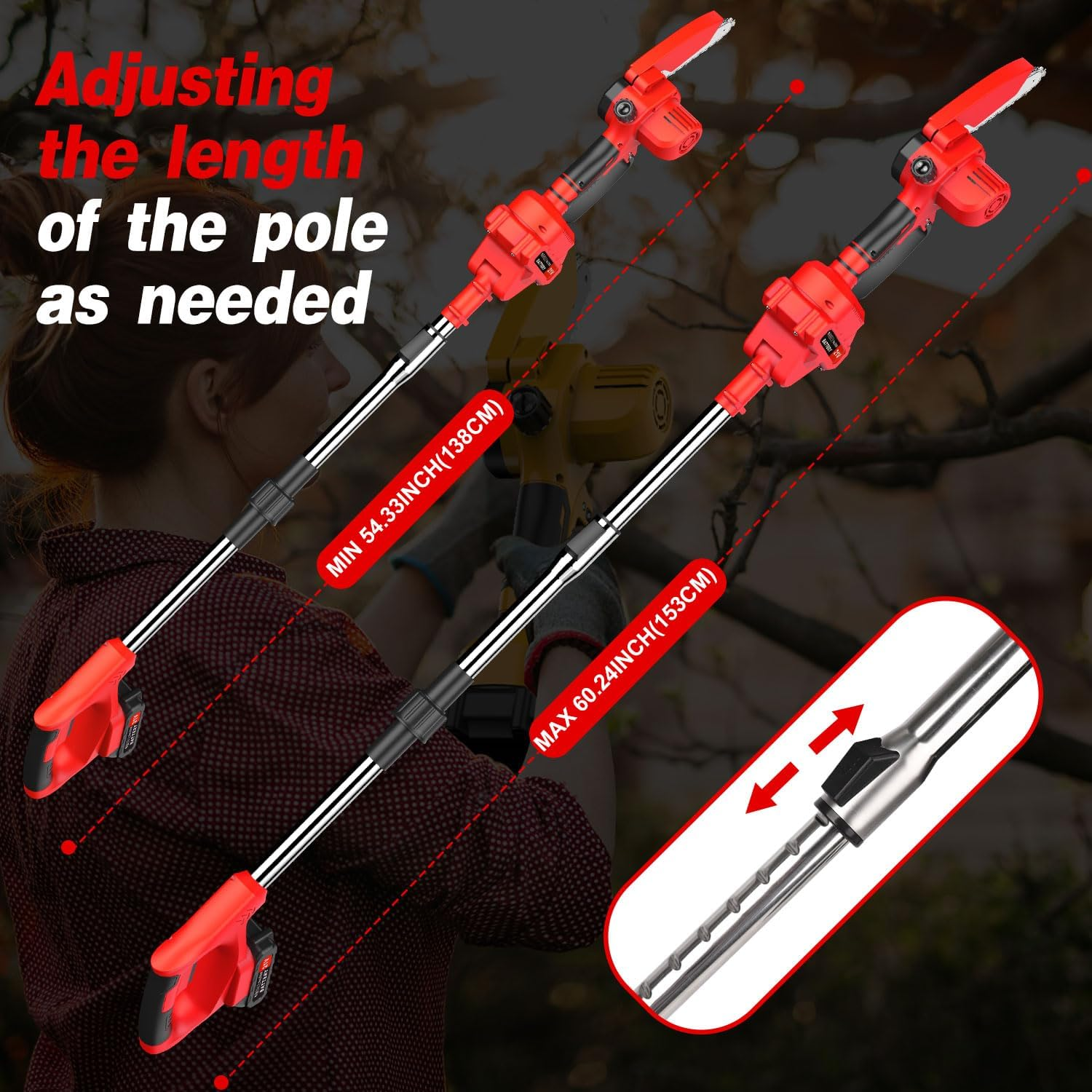 Lmozim 2-In-1 Cordless Pole Chainsaw & Mini Handheld Chainsaw, 21V 8 Inch Electric Poles Pruner, Extension Rod up to 153Cm, 2 Replaceable Chains Tree Pruning Pole for Garden Yard Red 4000Mah Battery image number 4