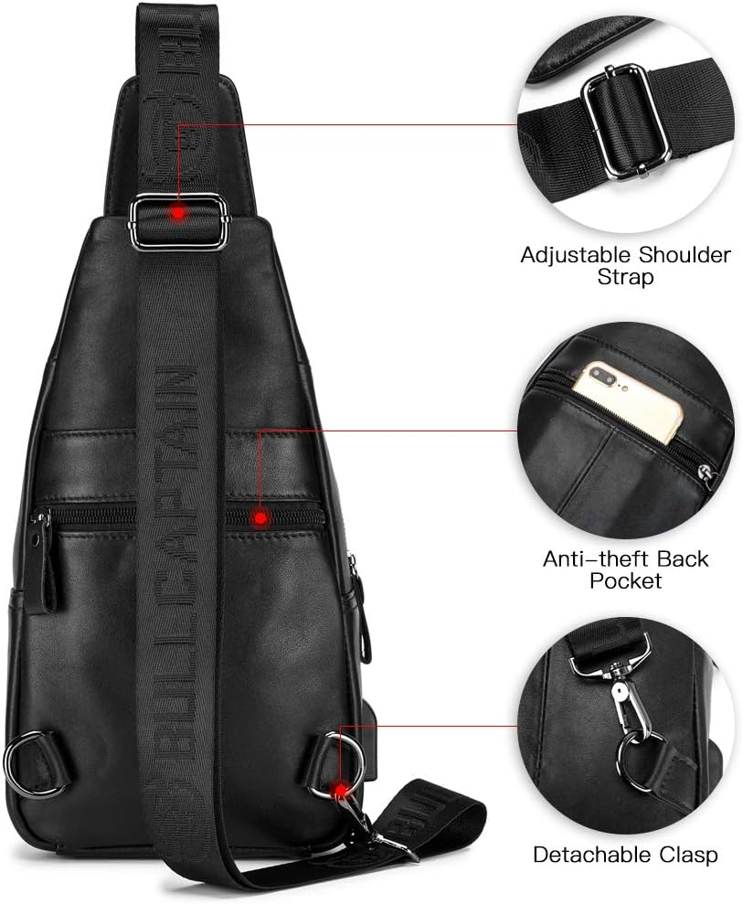 Men Leather Sling Bag Casual Shoulder Chest Crossbody Bag Hiking Travel Daypack with USB Charging Port image number 4