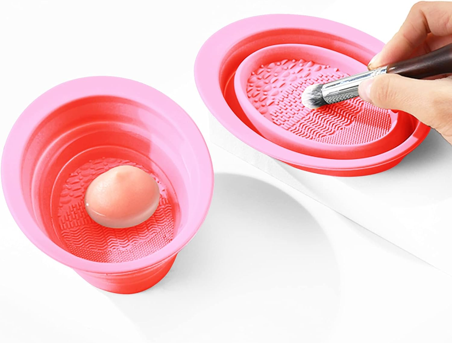 (Pink) - Makeup Brush Cleaning Mat, Silicone Makeup Brush Scrubber, Cosmetic Brush Cleaner, Brush Cleaning Pad, Foldable Makeup Brush Cleaning Bowl Suitable for Makeup Brush, Makeup Sponge, Powder Puff (Pink) image number 6