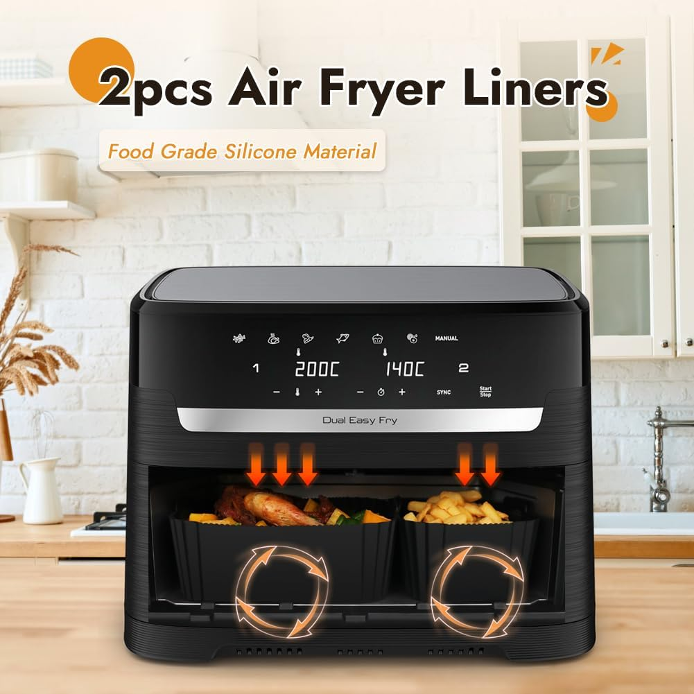 GINOYA Silicone Inserts for Tefal EY9018 Dual Easy Fry 5.2/3.1 L, Moulinex 8.3 L, Cecotec 5.5/3.5 L Baskets, DMS 6L/4L, Air Fryer Accessories for Double Chamber Hot Air Fryer Dual