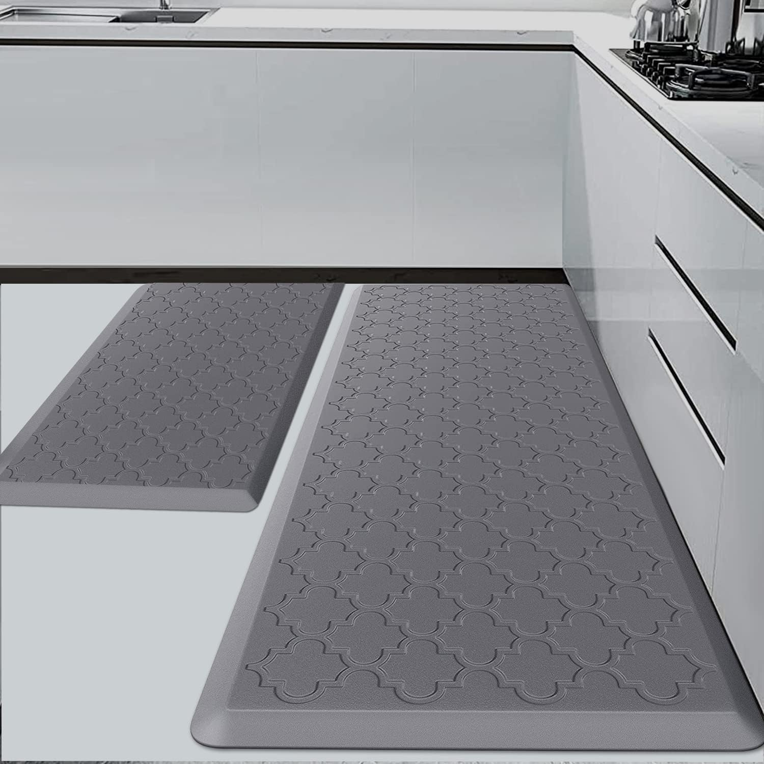 Kitchen Rugs and Mats &mdash; 12Mm Thick Kitchen Floor Mats, anti Fatigue Waterproof for Kitchen, Office & Garage，Non Skid Standing Kitchen Rug 2 Piece &mdash;（44X75Cm+44X150Cm，Black）