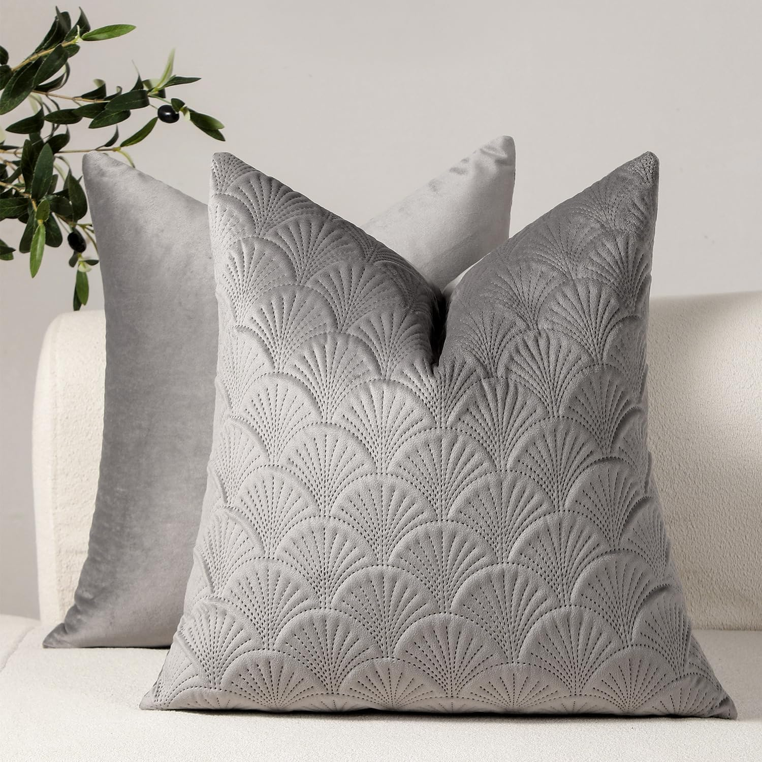 Pack of 2 Velvet Decorative Throw Pillow Covers, Embossed Patterned Couch Cushion Covers Soft Solid Cushion Cases with Invisible Zipper for Sofa Bed Living Room Car Chair Couch Farmhouse Home Decor