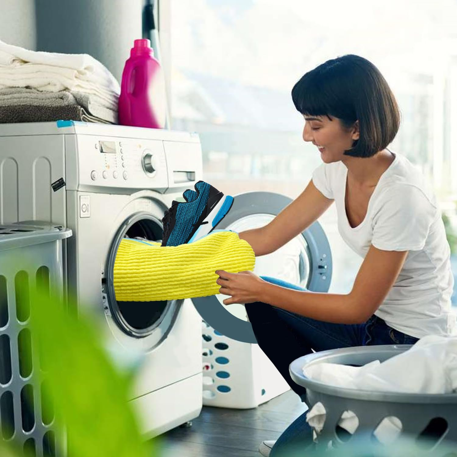 Henkion Reusable Shoe Washing Bags for Machine Washer & Dryer - 360&deg; Cleaning, Durable Zipper, Plush Protection - Fits All Shoe Sizes/Sneakers (Yellow, 2Pcs)