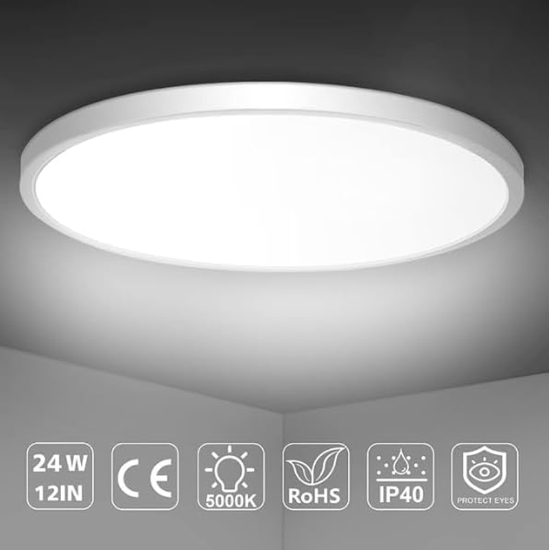 Flush Mount Ceiling Light 24W Daylight 6500K - Ultra-Thin 2.5Cm 2400Lm, Pack of 2
